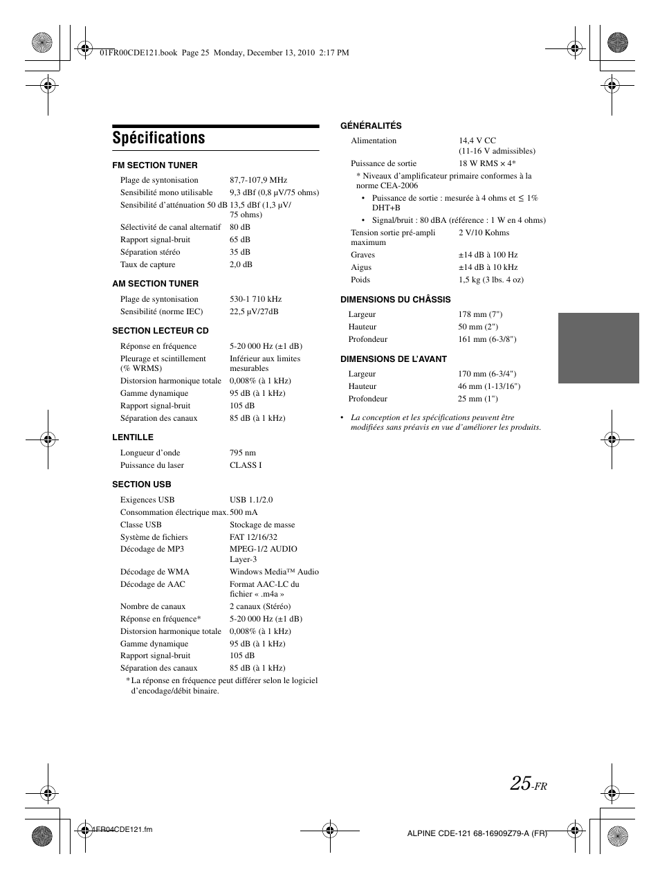 Spécifications | Alpine CDE-121 User Manual | Page 55 / 93