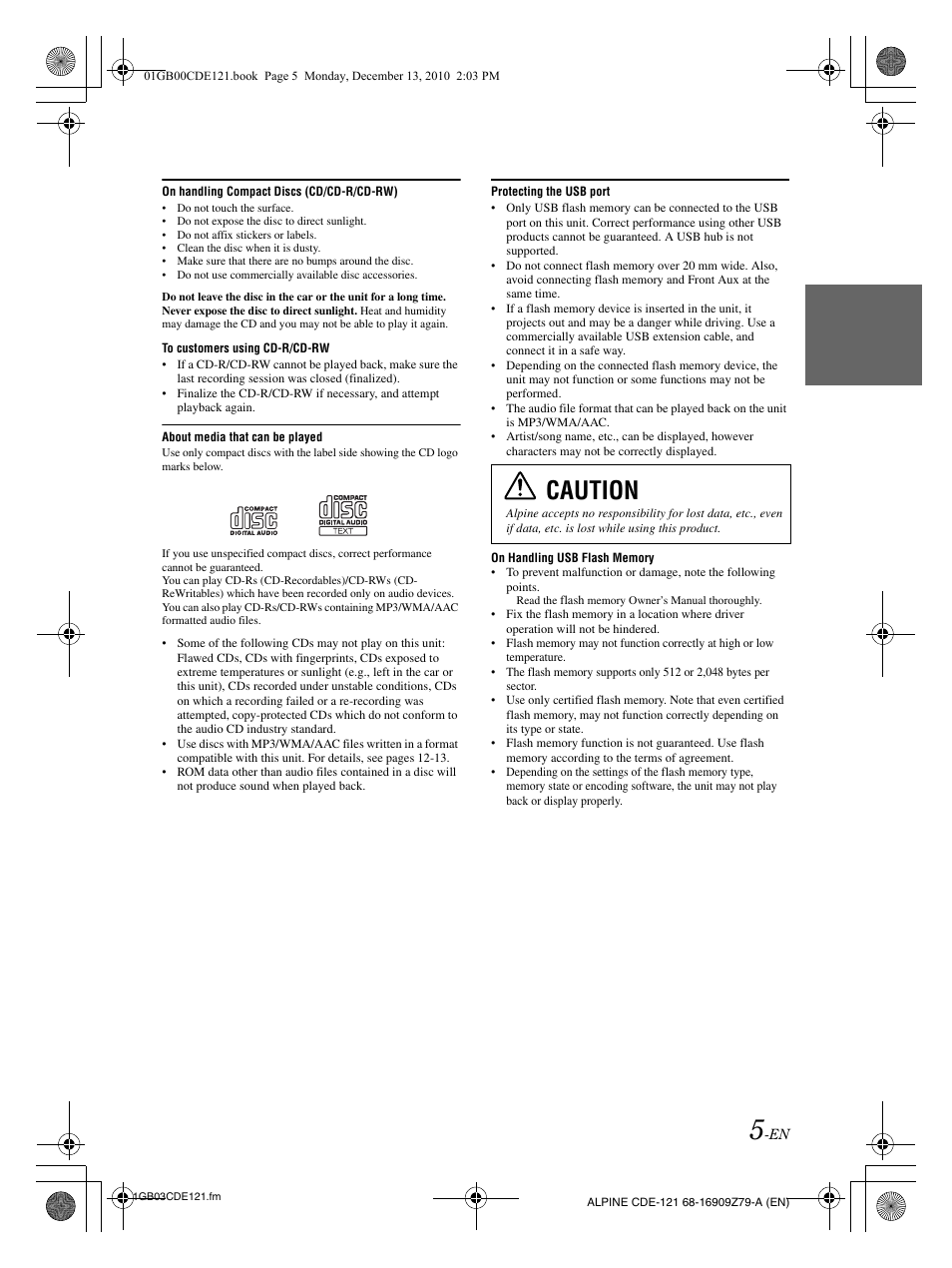 Caution | Alpine CDE-121 User Manual | Page 6 / 93