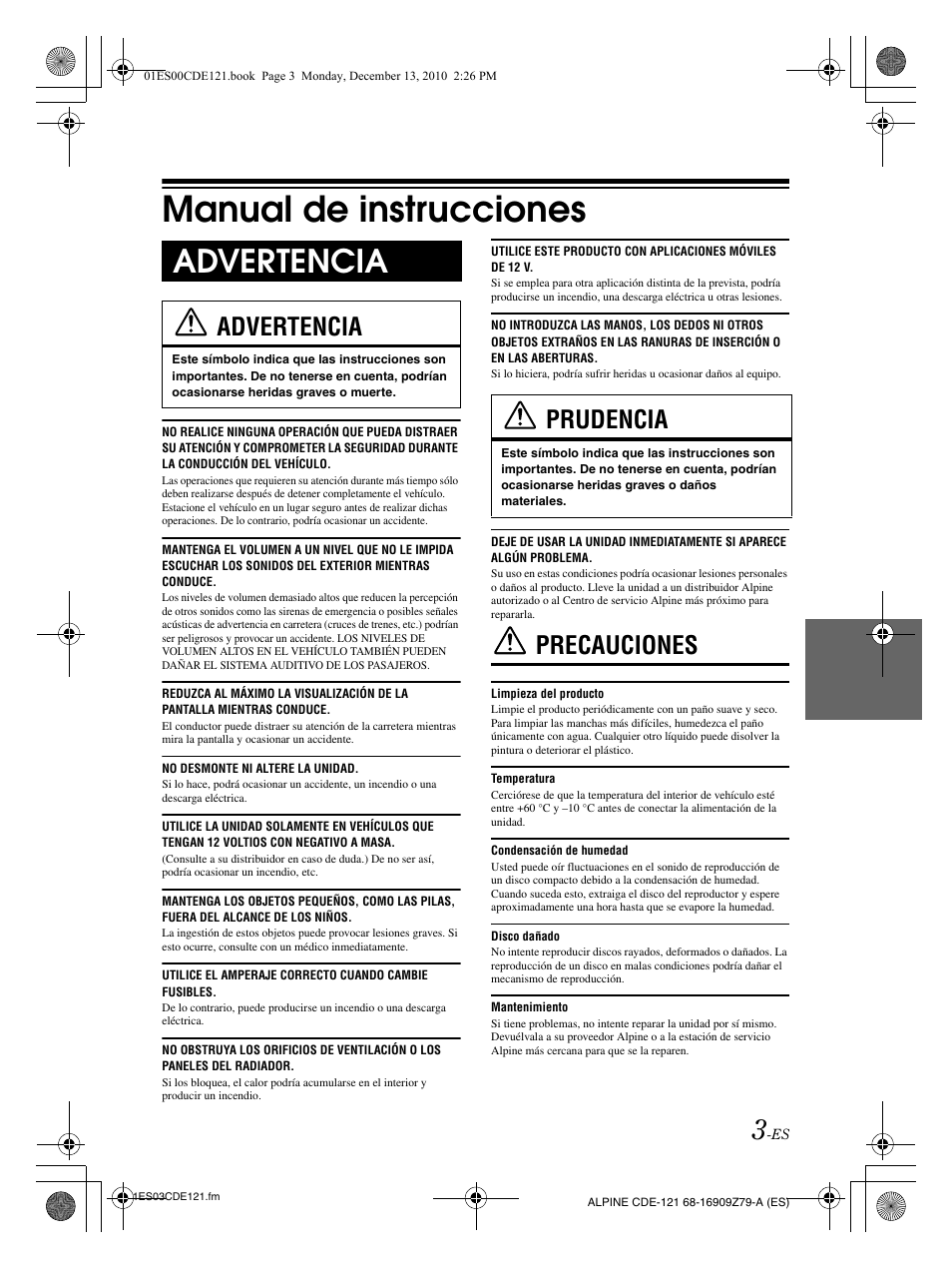Manual de instrucciones, Advertencia, Precauciones | Prudencia | Alpine CDE-121 User Manual | Page 62 / 93