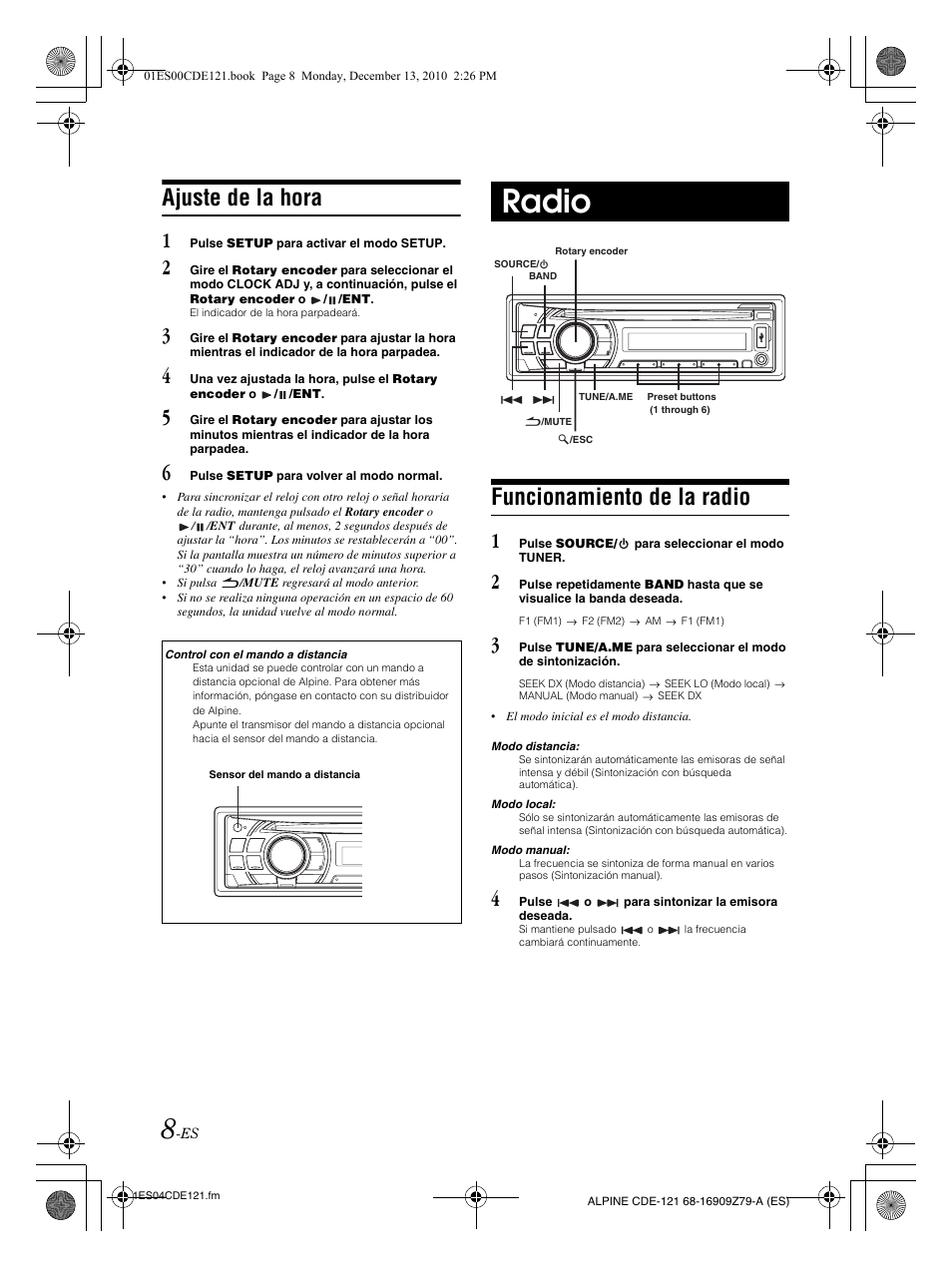 Radio, Ajuste de la hora, Funcionamiento de la radio | Alpine CDE-121 User Manual | Page 67 / 93