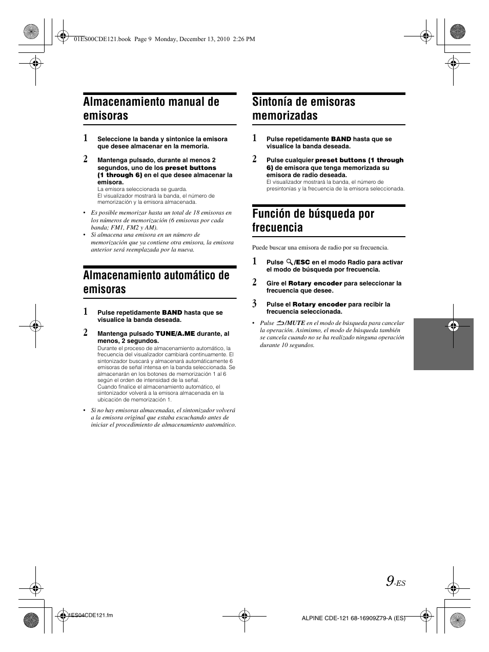 Almacenamiento manual de emisoras, Almacenamiento automático de emisoras, Función de búsqueda por frecuencia | Alpine CDE-121 User Manual | Page 68 / 93