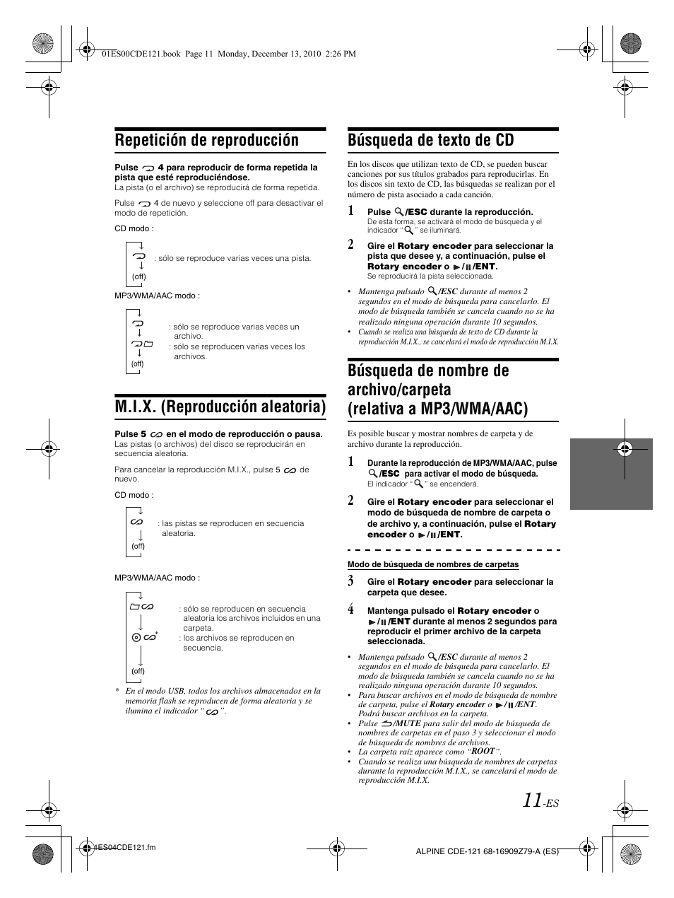 Repetición de reproducción, M.i.x. (reproducción aleatoria), Búsqueda de texto de cd | Alpine CDE-121 User Manual | Page 70 / 93