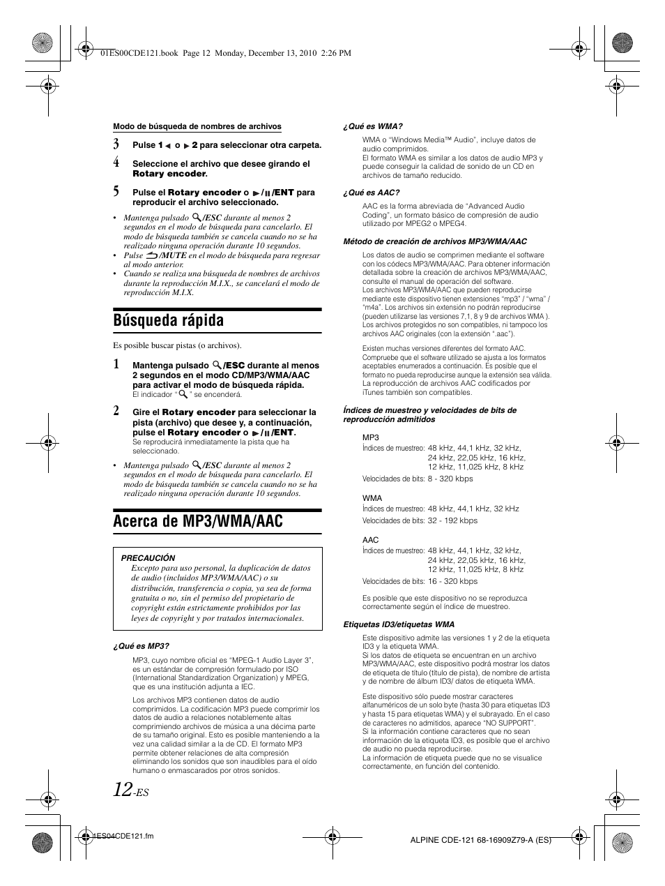 Búsqueda rápida, Acerca de mp3/wma/aac | Alpine CDE-121 User Manual | Page 71 / 93