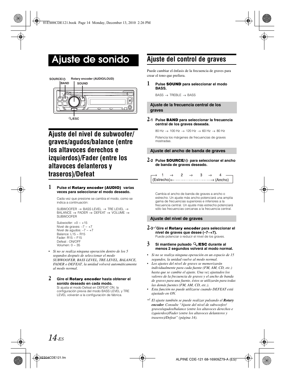 Ajuste de sonido, Ajuste del control de graves | Alpine CDE-121 User Manual | Page 73 / 93
