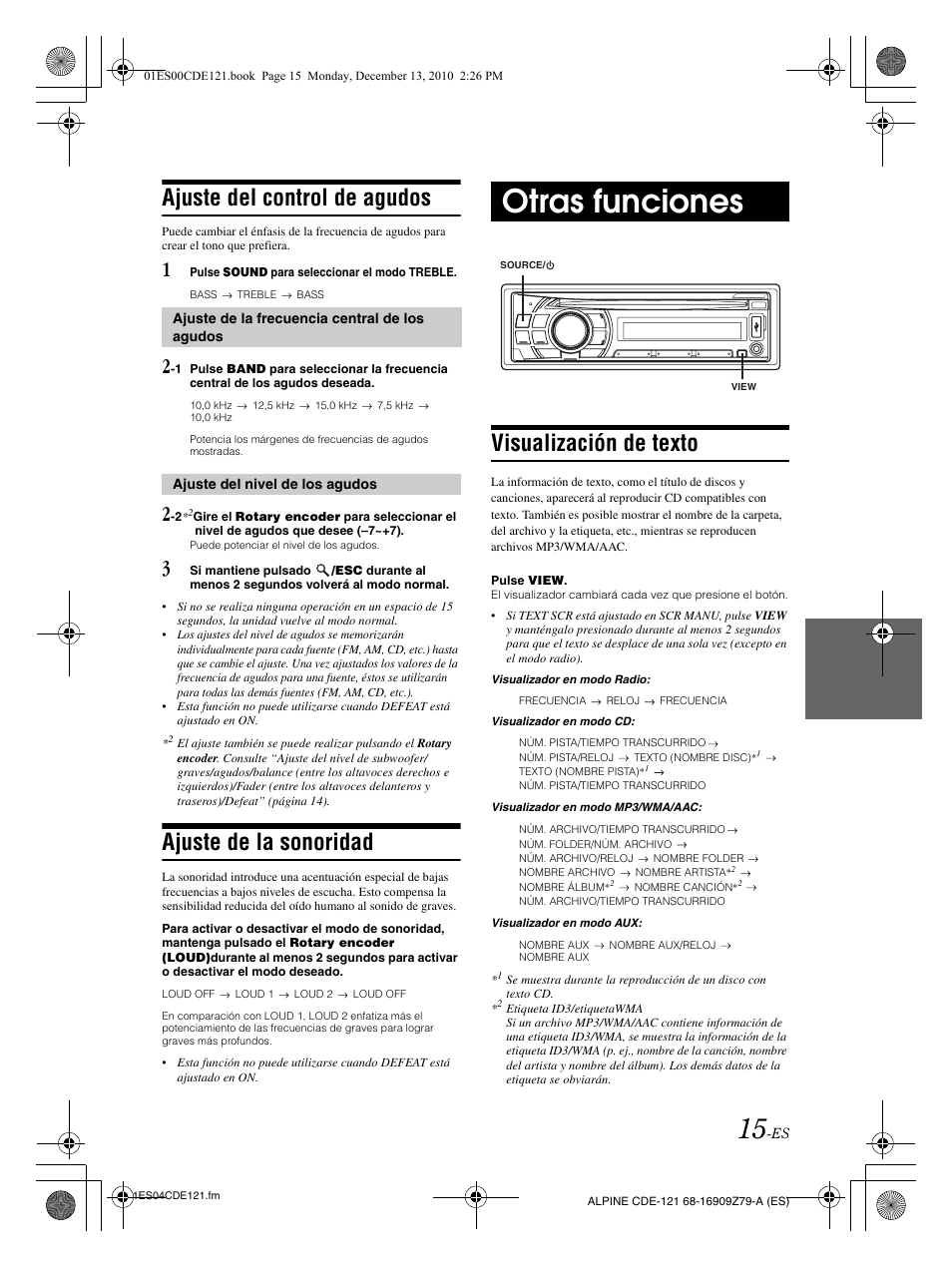 Otras funciones, Ajuste del control de agudos, Ajuste de la sonoridad | Visualización de texto | Alpine CDE-121 User Manual | Page 74 / 93