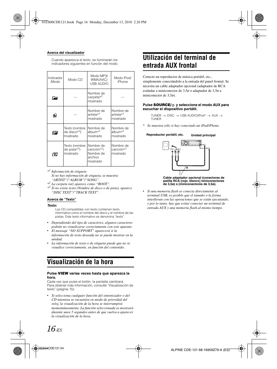 Visualización de la hora, Utilización del terminal de entrada aux frontal | Alpine CDE-121 User Manual | Page 75 / 93