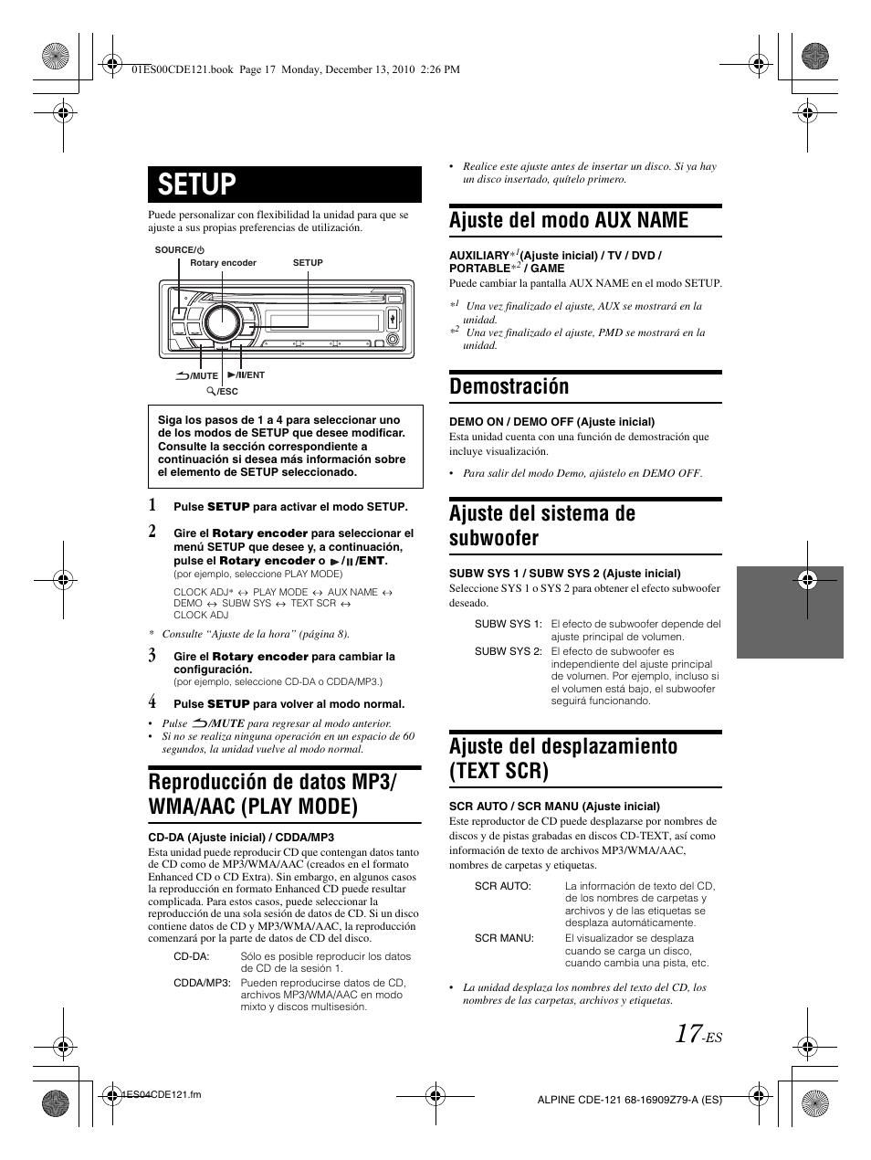 Setup, Reproducción de datos mp3/ wma/aac (play mode), Ajuste del modo aux name | Demostración, Ajuste del sistema de subwoofer, Ajuste del desplazamiento (text scr) | Alpine CDE-121 User Manual | Page 76 / 93