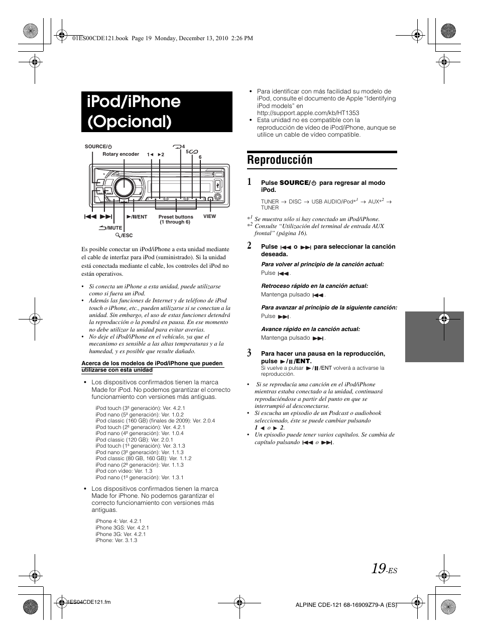 Ipod/iphone (opcional), Reproducción | Alpine CDE-121 User Manual | Page 78 / 93