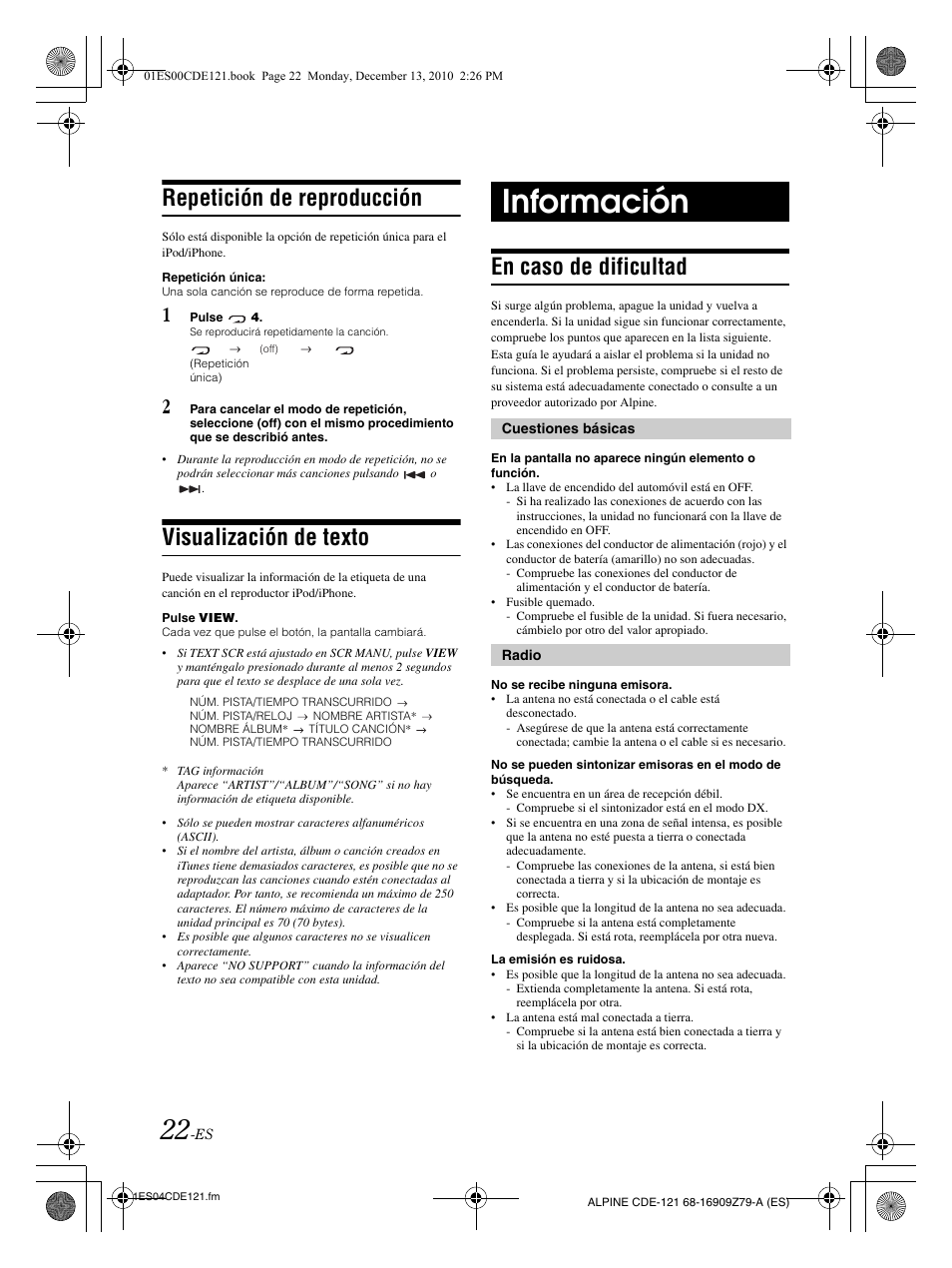 Información, Repetición de reproducción, Visualización de texto | En caso de dificultad | Alpine CDE-121 User Manual | Page 81 / 93