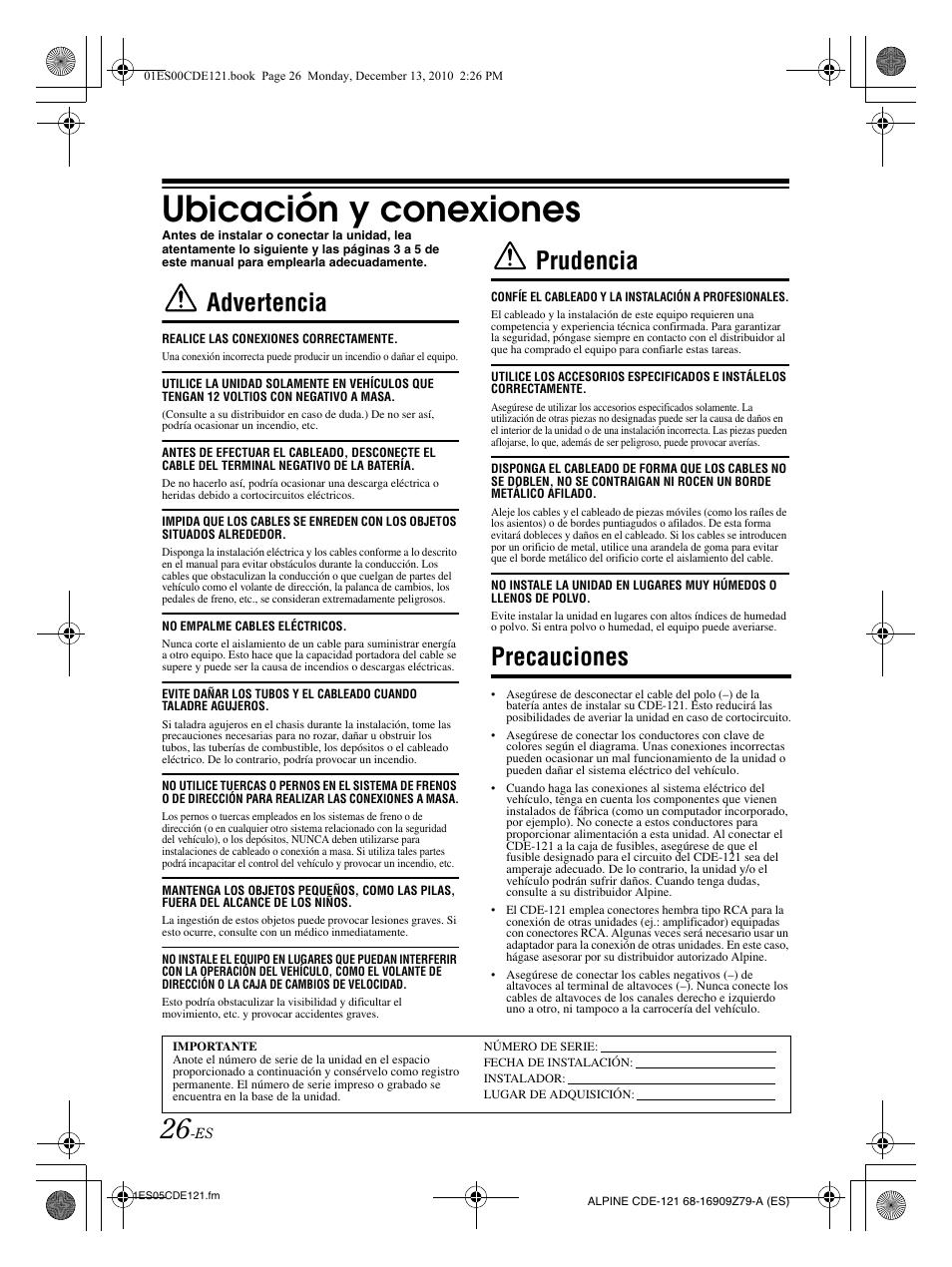 Ubicación y conexiones, Advertencia, Prudencia | Precauciones | Alpine CDE-121 User Manual | Page 85 / 93