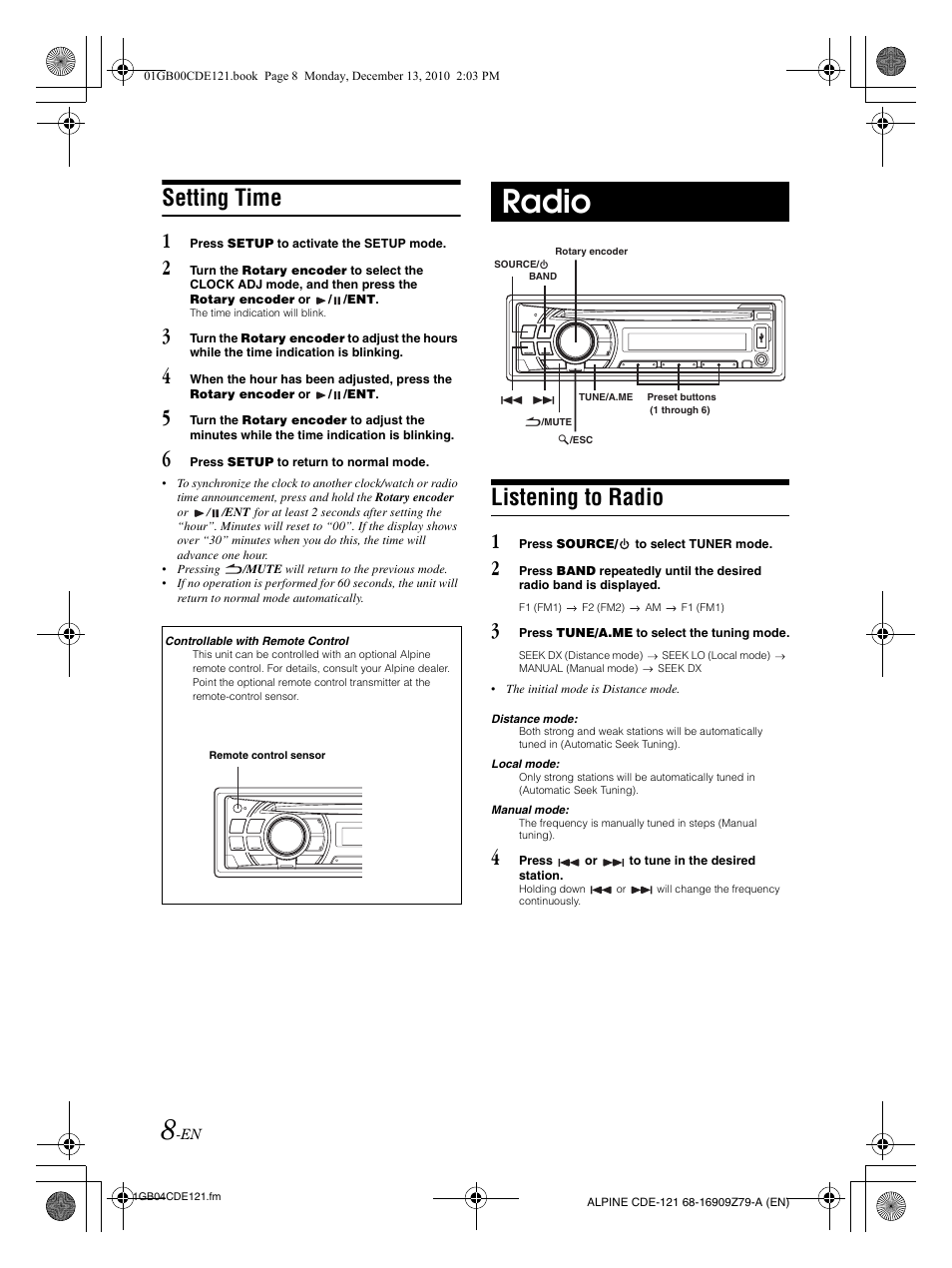 Radio, Setting time, Listening to radio | Alpine CDE-121 User Manual | Page 9 / 93