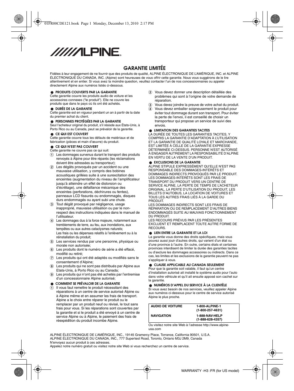 Garantie limitée | Alpine CDE-121 User Manual | Page 92 / 93