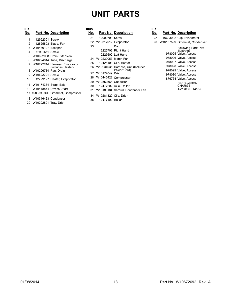 Unit parts | Whirlpool WRB119WFBM User Manual | Page 13 / 16