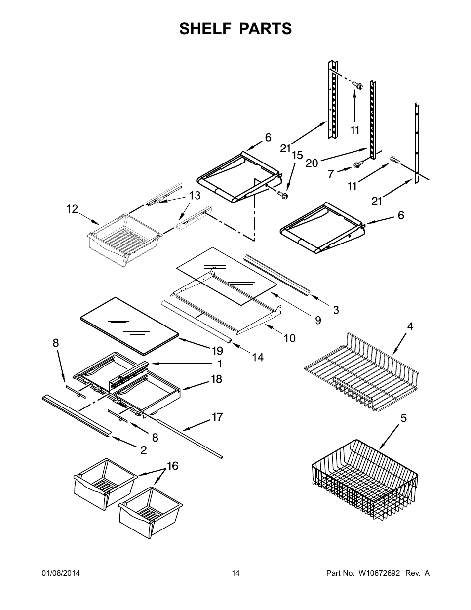 Shelf, Shelf parts | Whirlpool WRB119WFBM User Manual | Page 14 / 16
