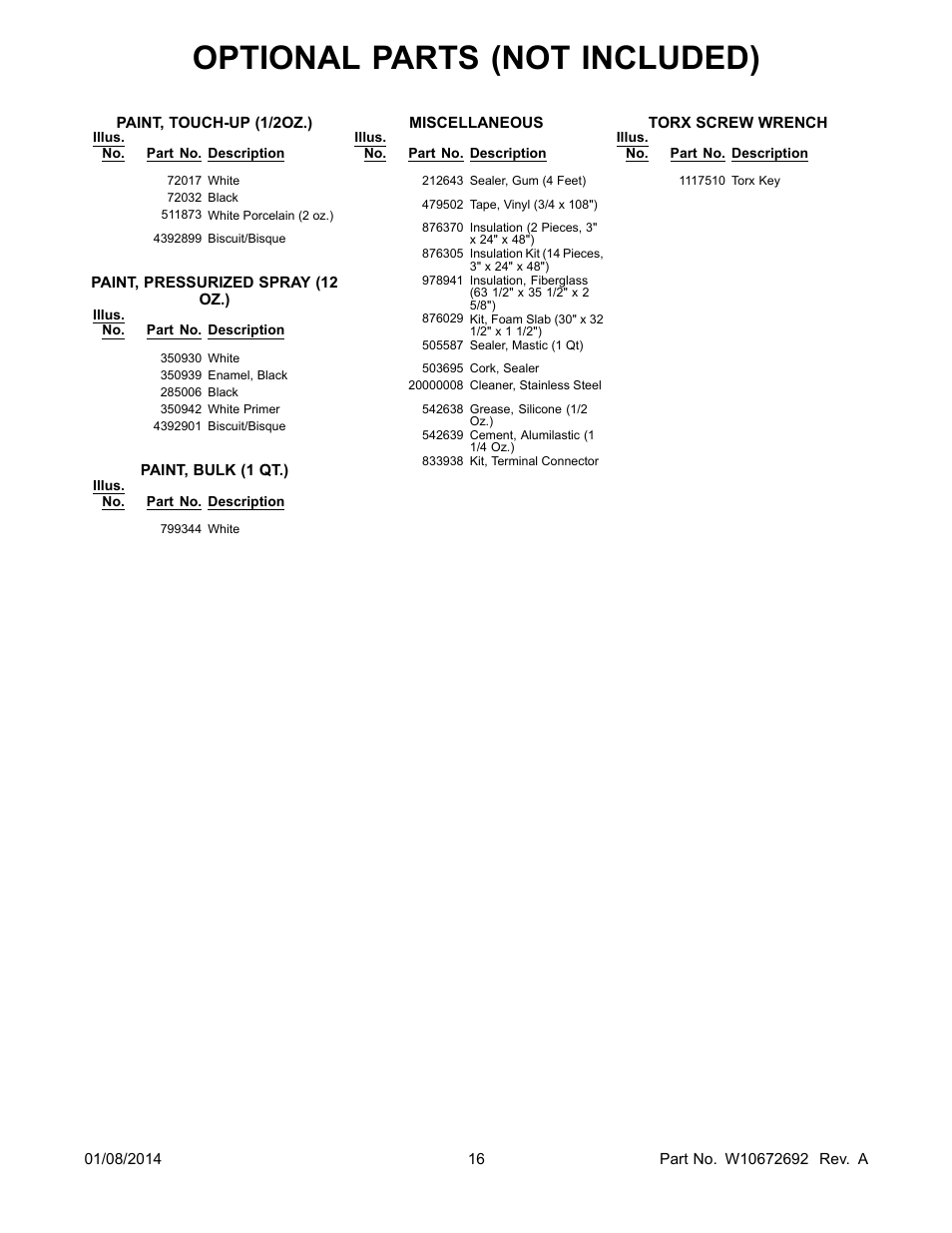 Optional, Optional parts (not included) | Whirlpool WRB119WFBM User Manual | Page 16 / 16