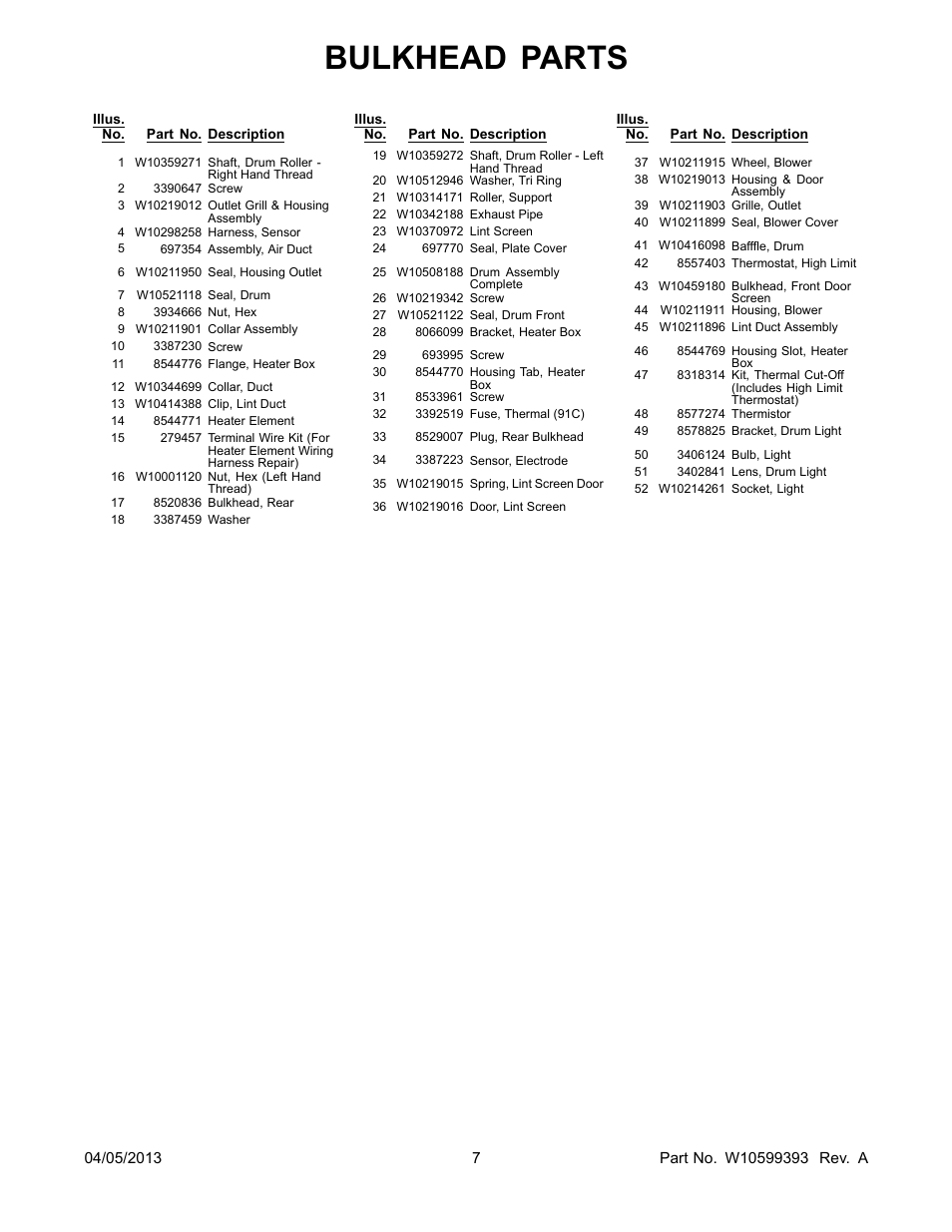 Bulkhead parts | Whirlpool WED80HEBW User Manual | Page 7 / 10