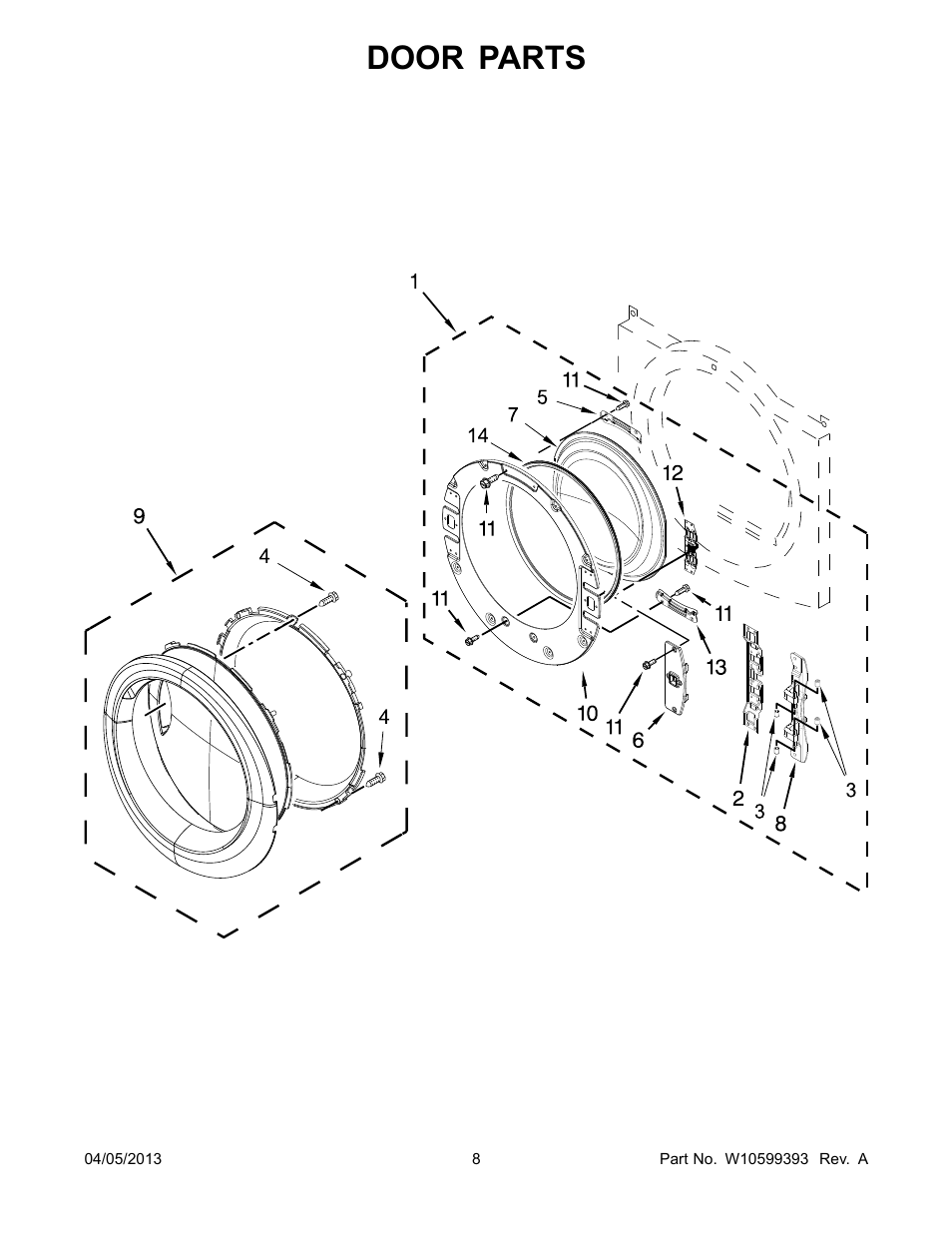 Door, Door parts | Whirlpool WED80HEBW User Manual | Page 8 / 10