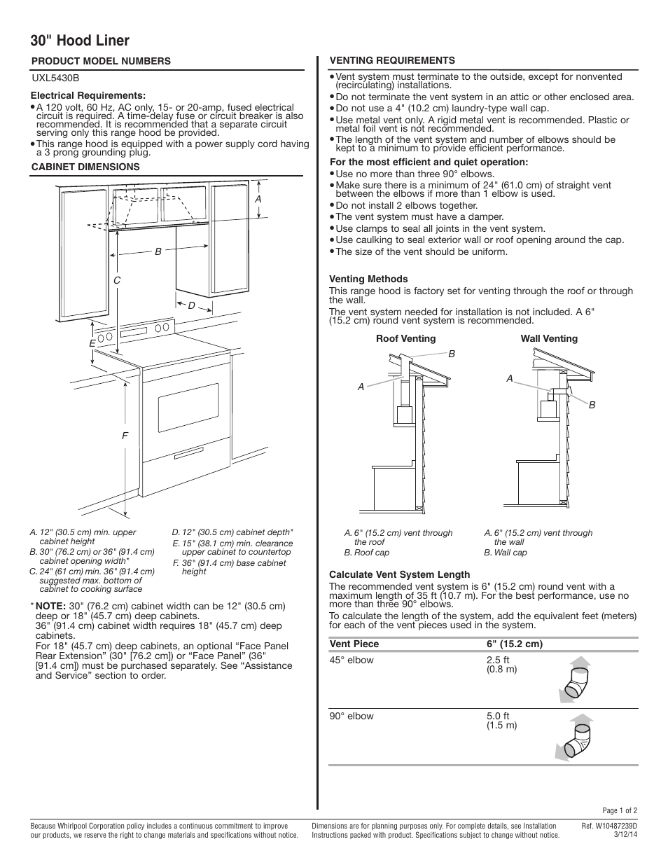 Whirlpool UXL5430BSS User Manual | 2 pages