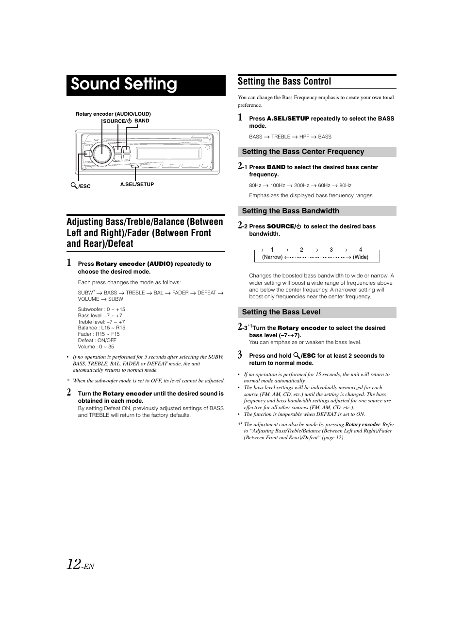 Sound settings, Adjusting bass / treble / balance / fader / defeat, Bass control | Sound setting, Setting the bass control | Alpine CDE-9873 User Manual | Page 13 / 31