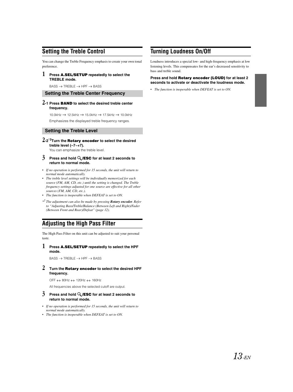 Treble control, High pass filter, Loudness on / off | Setting the treble control, Adjusting the high pass filter, Turning loudness on/off | Alpine CDE-9873 User Manual | Page 14 / 31