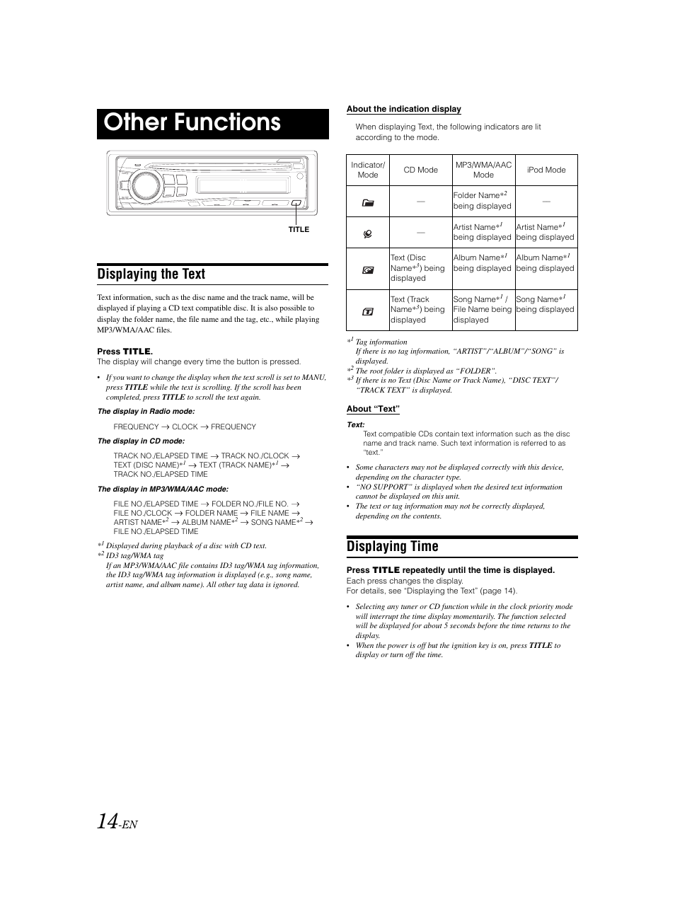 Displaying the text, Displaying time, Other functions | Alpine CDE-9873 User Manual | Page 15 / 31