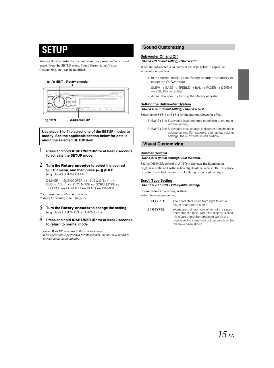 Setup menu, Navigating the menus, Subwoofer on / off | Setting the subwoofer system, Dimmer control, Scroll type setting, Setup | Alpine CDE-9873 User Manual | Page 16 / 31
