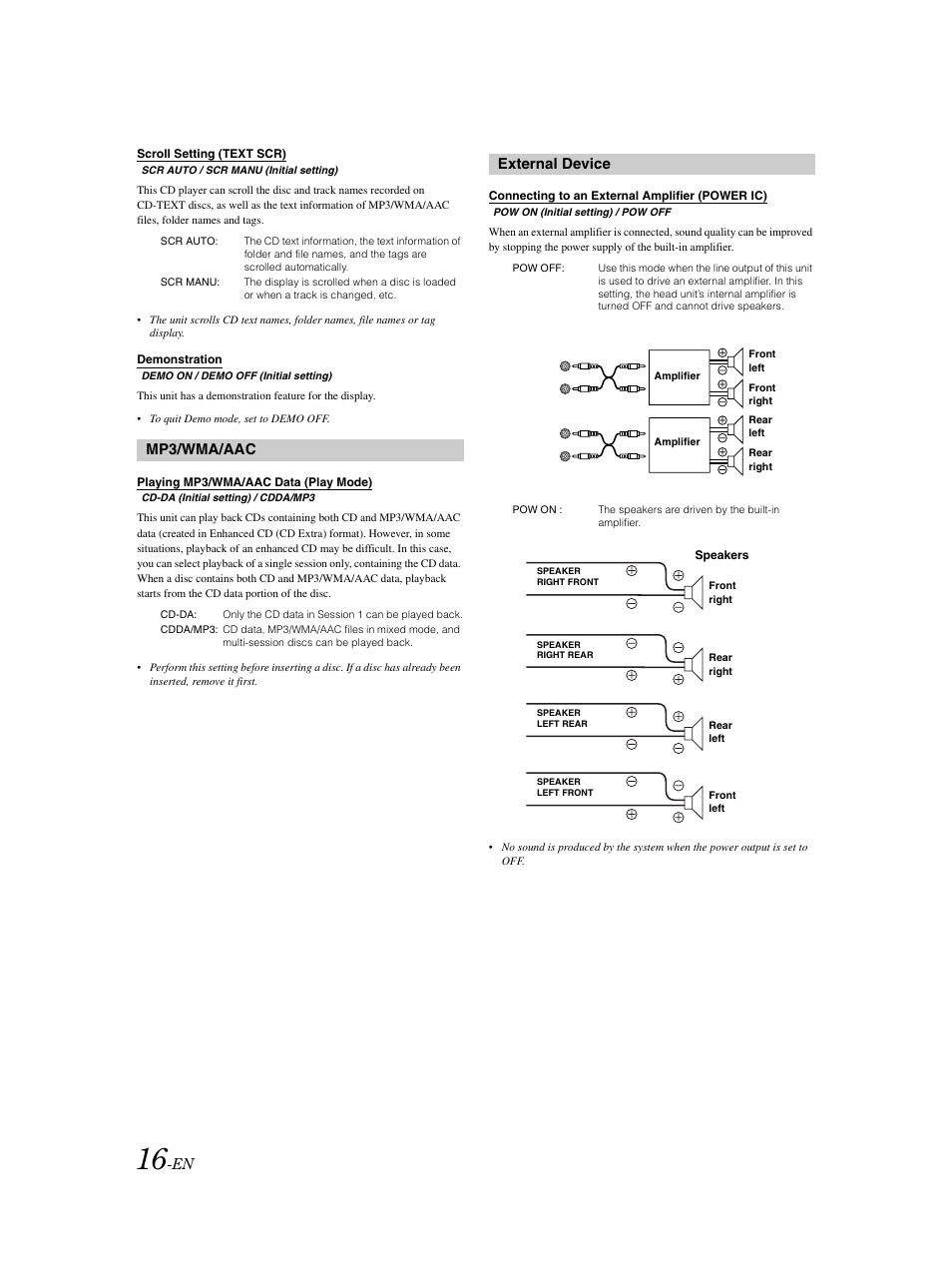 Demo mode on / off (menu item), Scroll setting (text scr), Demonstration | Playing mp3 / wma / aac data (play mode), Internal amp on / off, Mp3/wma/aac, External device | Alpine CDE-9873 User Manual | Page 17 / 31