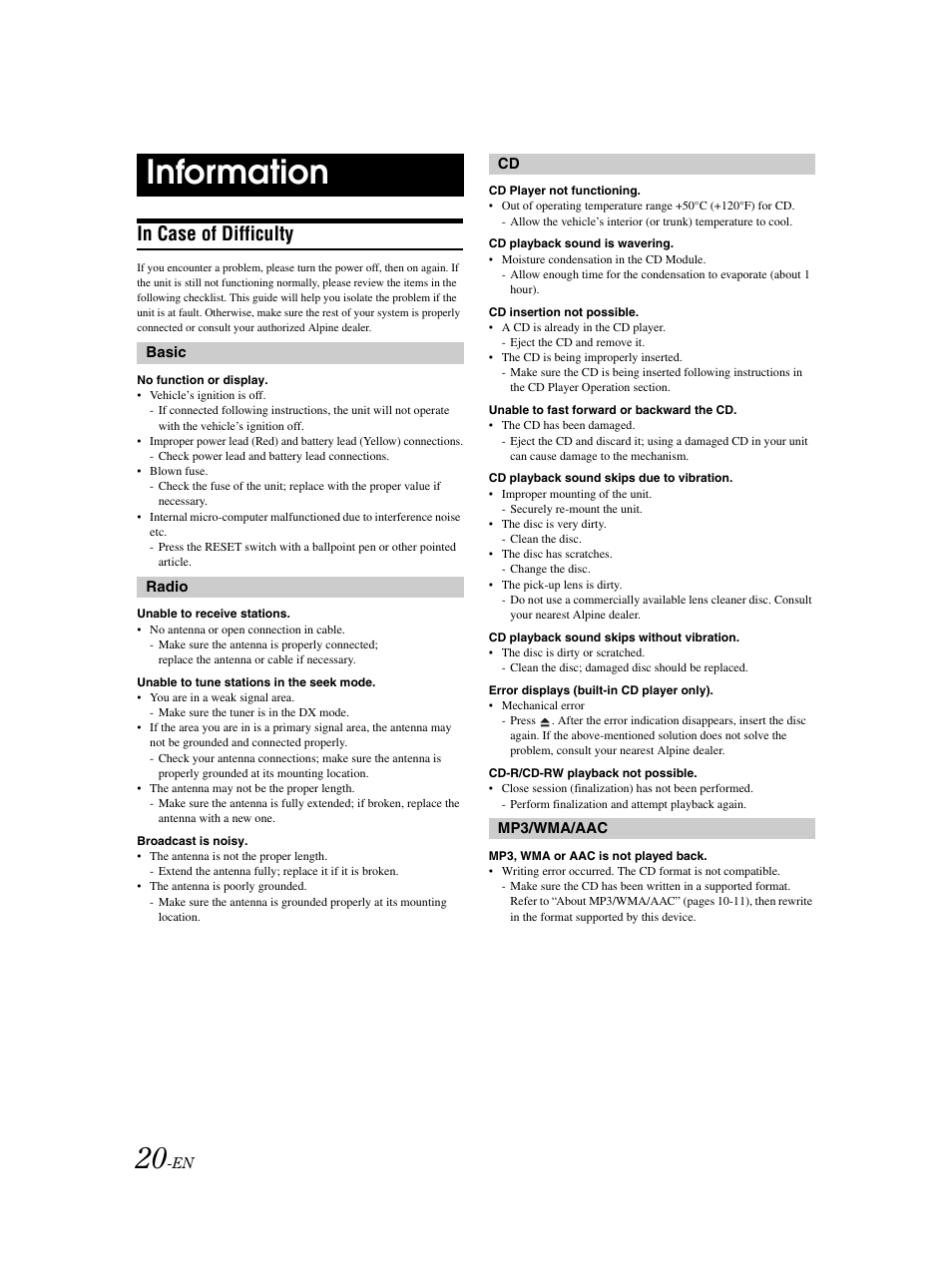 Troubleshooting, Information | Alpine CDE-9873 User Manual | Page 21 / 31