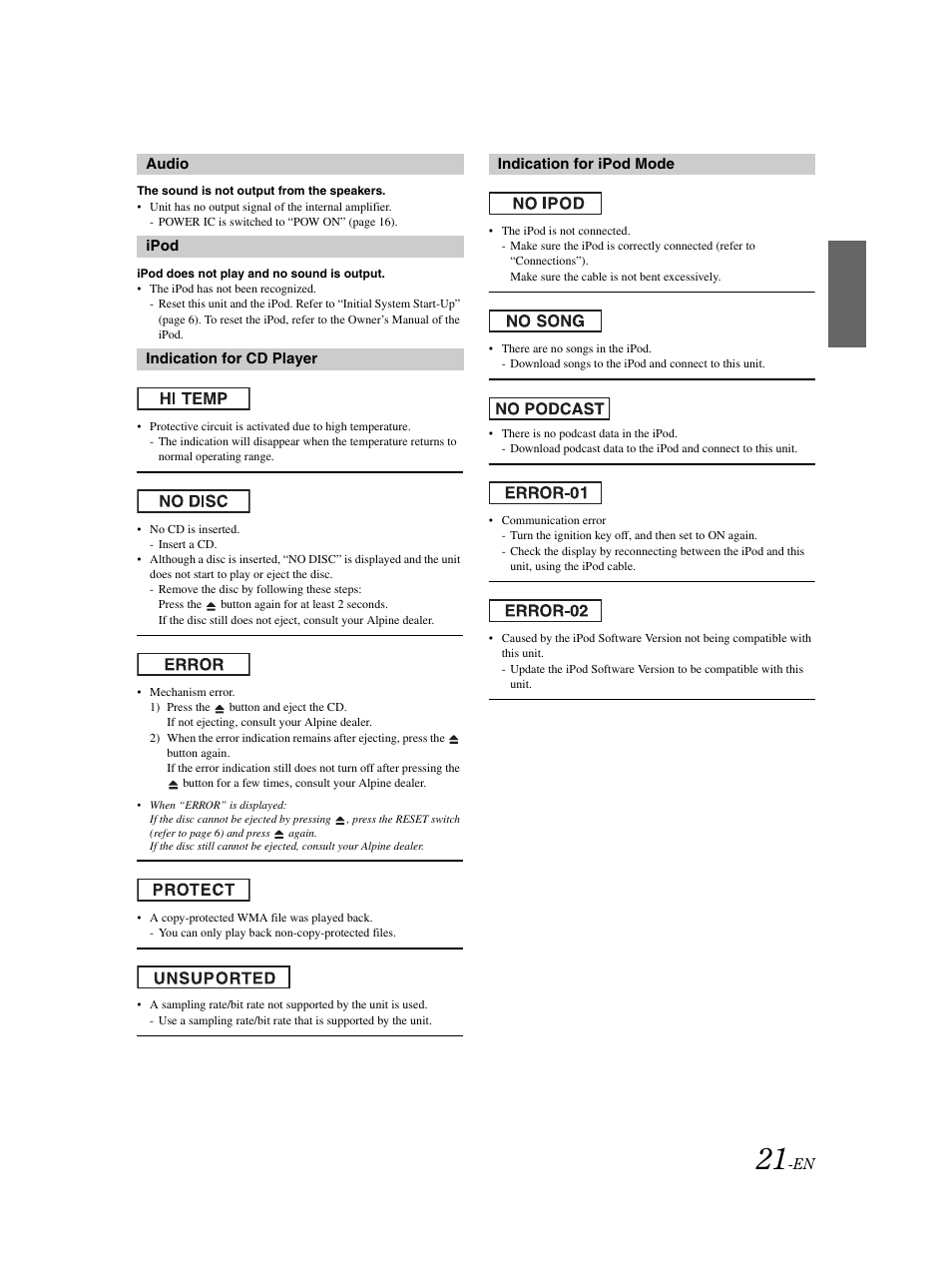 Messages | Alpine CDE-9873 User Manual | Page 22 / 31