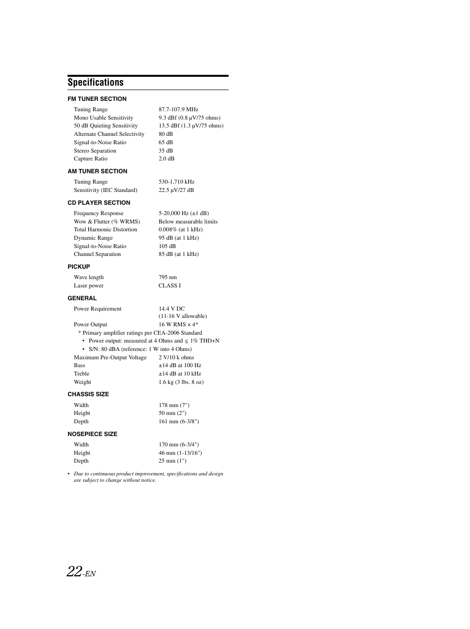 Specs, Specifications | Alpine CDE-9873 User Manual | Page 23 / 31