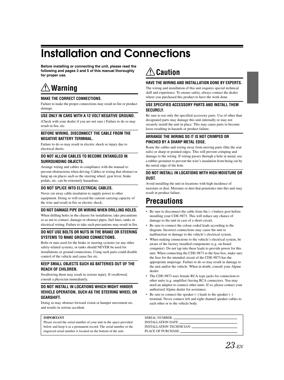 Installation and connections, Warning, Caution | Precautions | Alpine CDE-9873 User Manual | Page 24 / 31