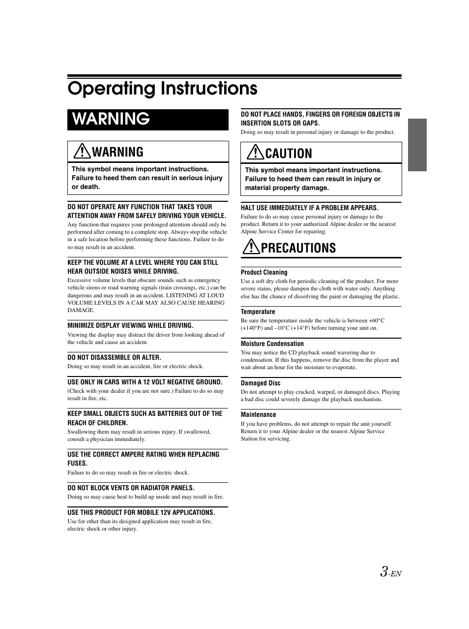Operating instructions, Warning, Precautions | Caution | Alpine CDE-9873 User Manual | Page 4 / 31