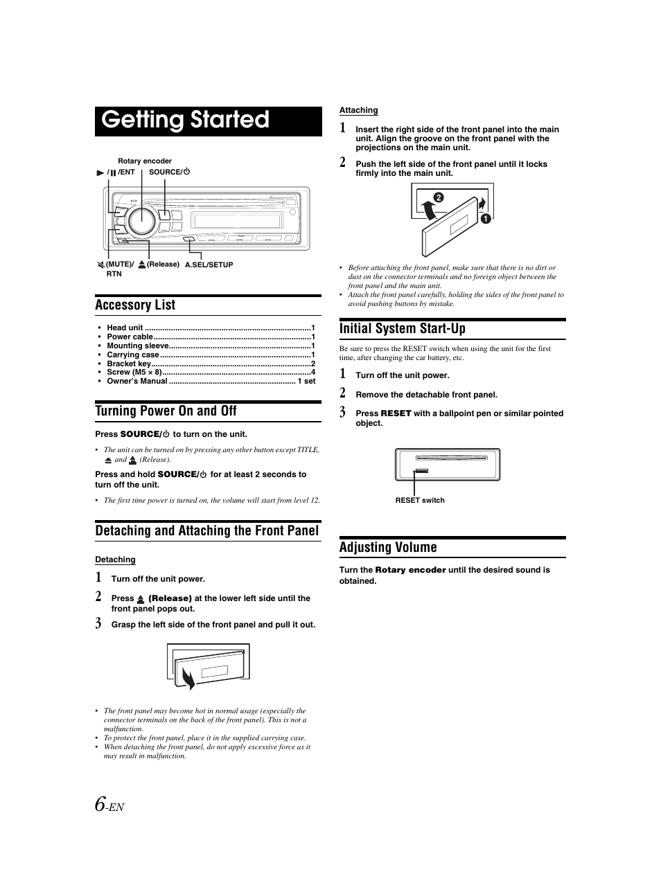 Reset, Supplied accessories, Getting started | Power on / off, Removing and attaching the faceplate, Initial system start-up, Adjusting volume, Accessory list, Turning power on and off, Detaching and attaching the front panel | Alpine CDE-9873 User Manual | Page 7 / 31