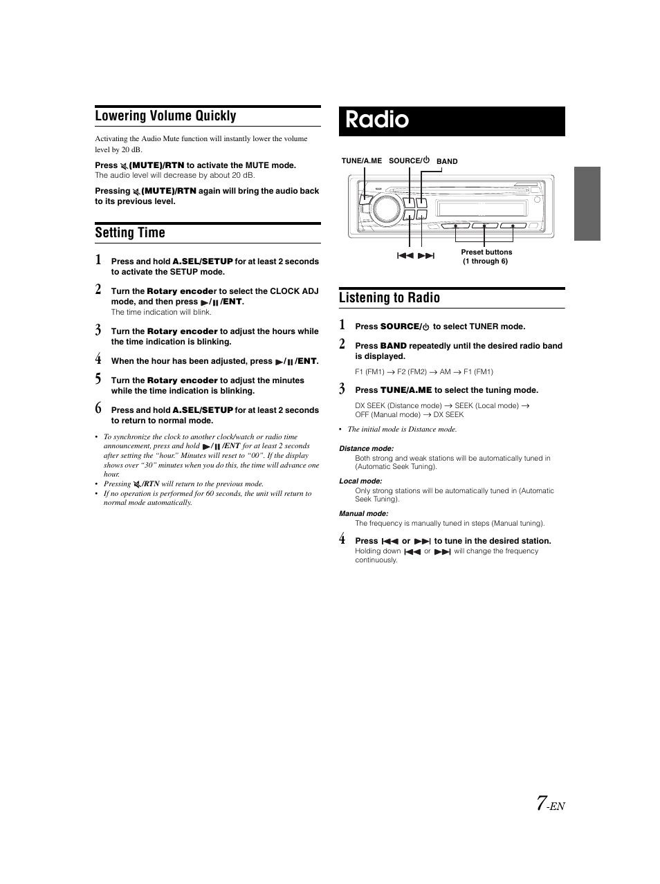 Clock set, Attenuate, Radio operation | Band select, Tuning, Radio, Lowering volume quickly, Setting time, Listening to radio | Alpine CDE-9873 User Manual | Page 8 / 31