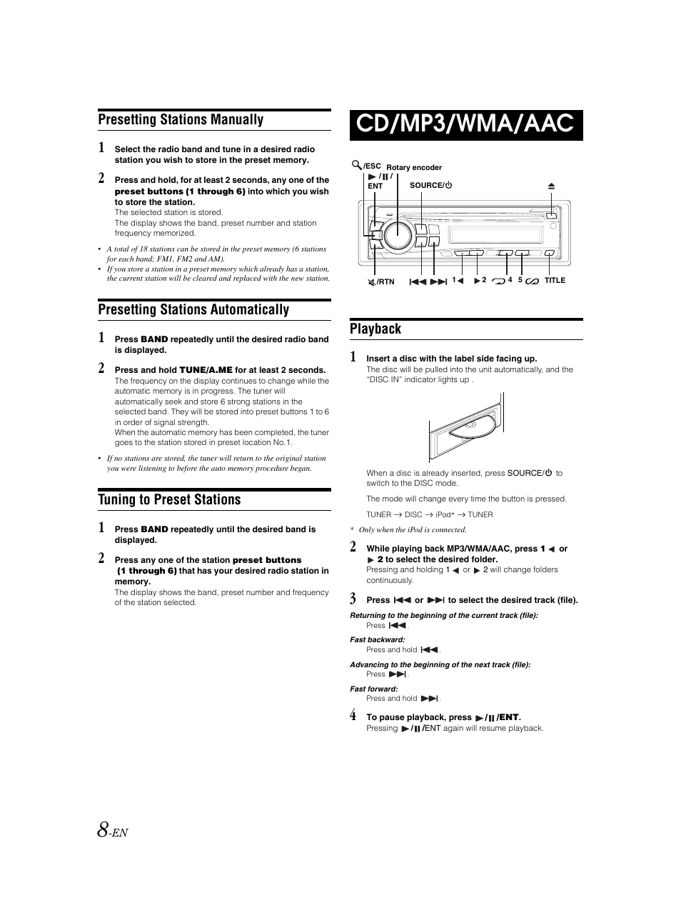 Storing & recalling preset stations, Cd / mp3 / wma / aac operation, Inserting a disc | Folder / track select, Fast forward / reverse, Pause, Cd/mp3/wma/aac, Presetting stations manually, Presetting stations automatically, Tuning to preset stations | Alpine CDE-9873 User Manual | Page 9 / 31