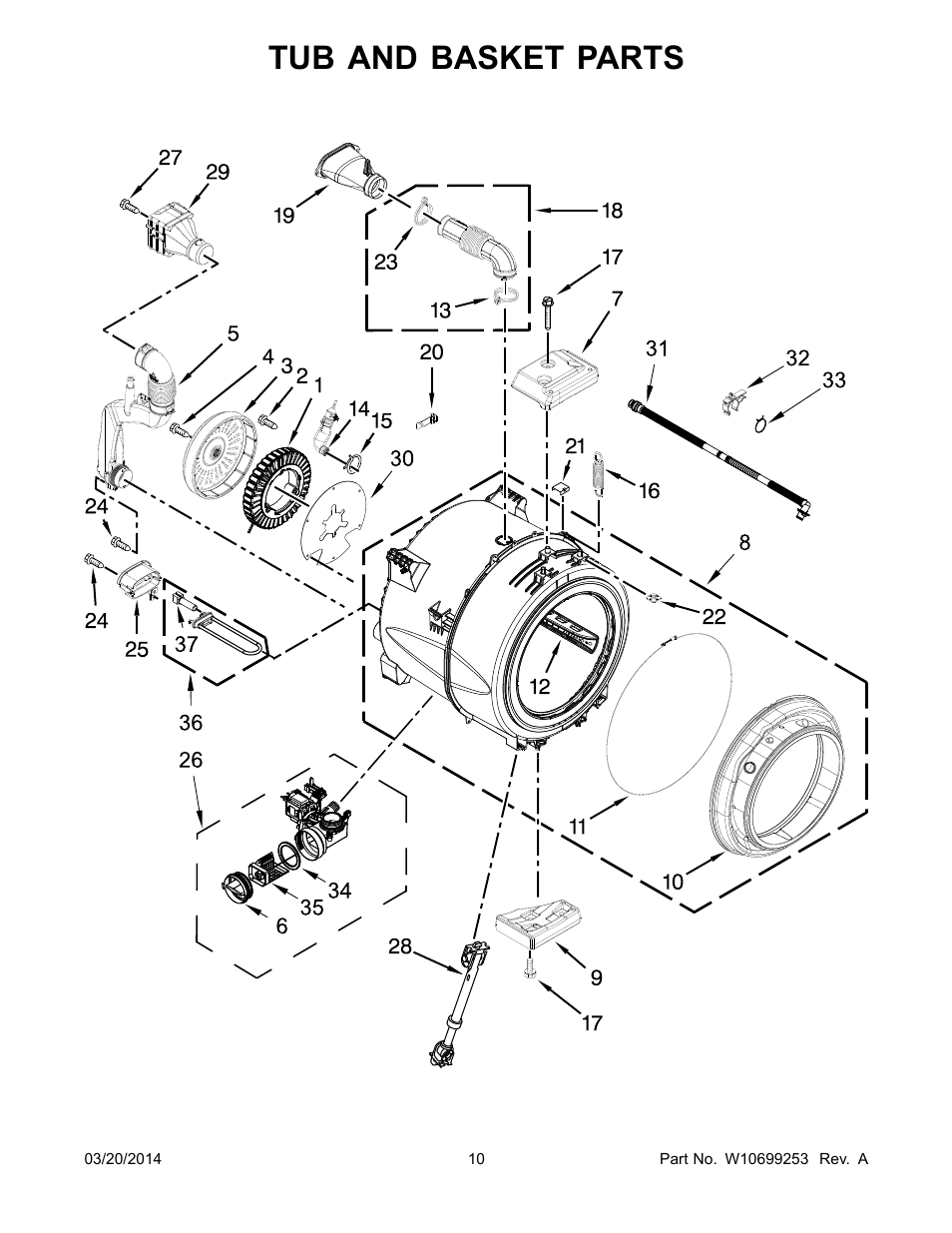 Tub and basket parts | Whirlpool WFW87HEDW User Manual | Page 10 / 12