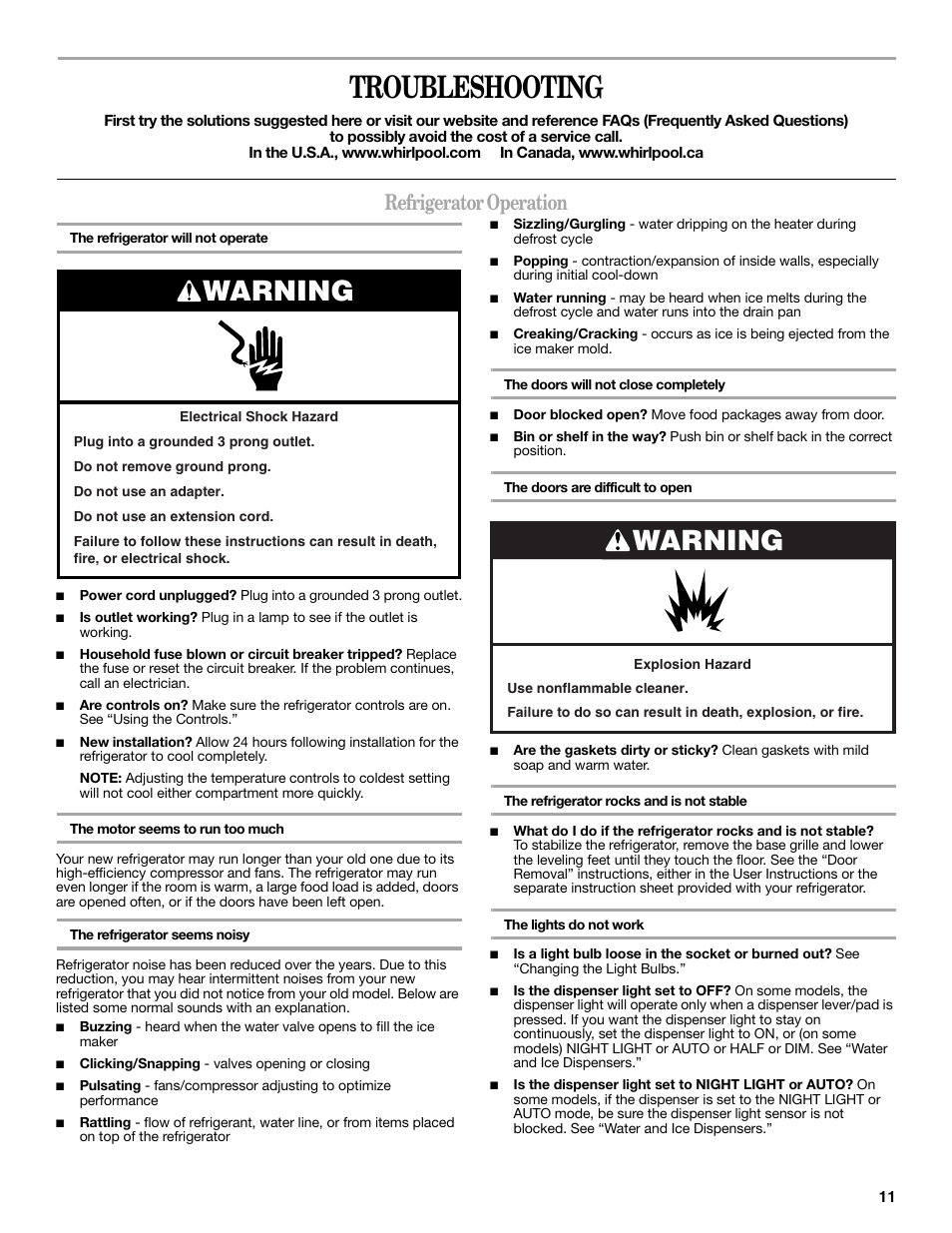 Troubleshooting, Warning, Refrigerator operation | Whirlpool WRS965CIAM User Manual | Page 11 / 48