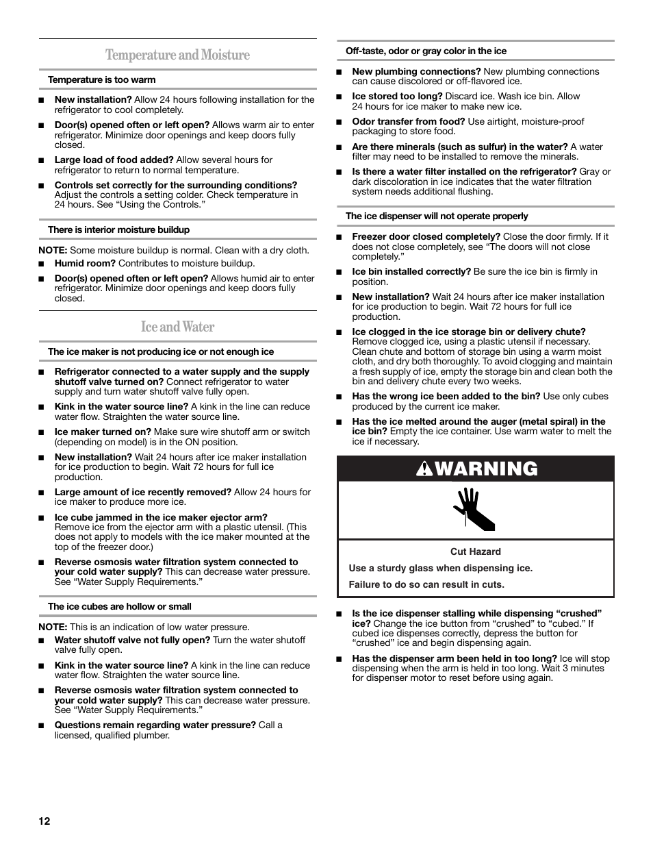 Warning, Temperature and moisture, Ice and water | Whirlpool WRS965CIAM User Manual | Page 12 / 48