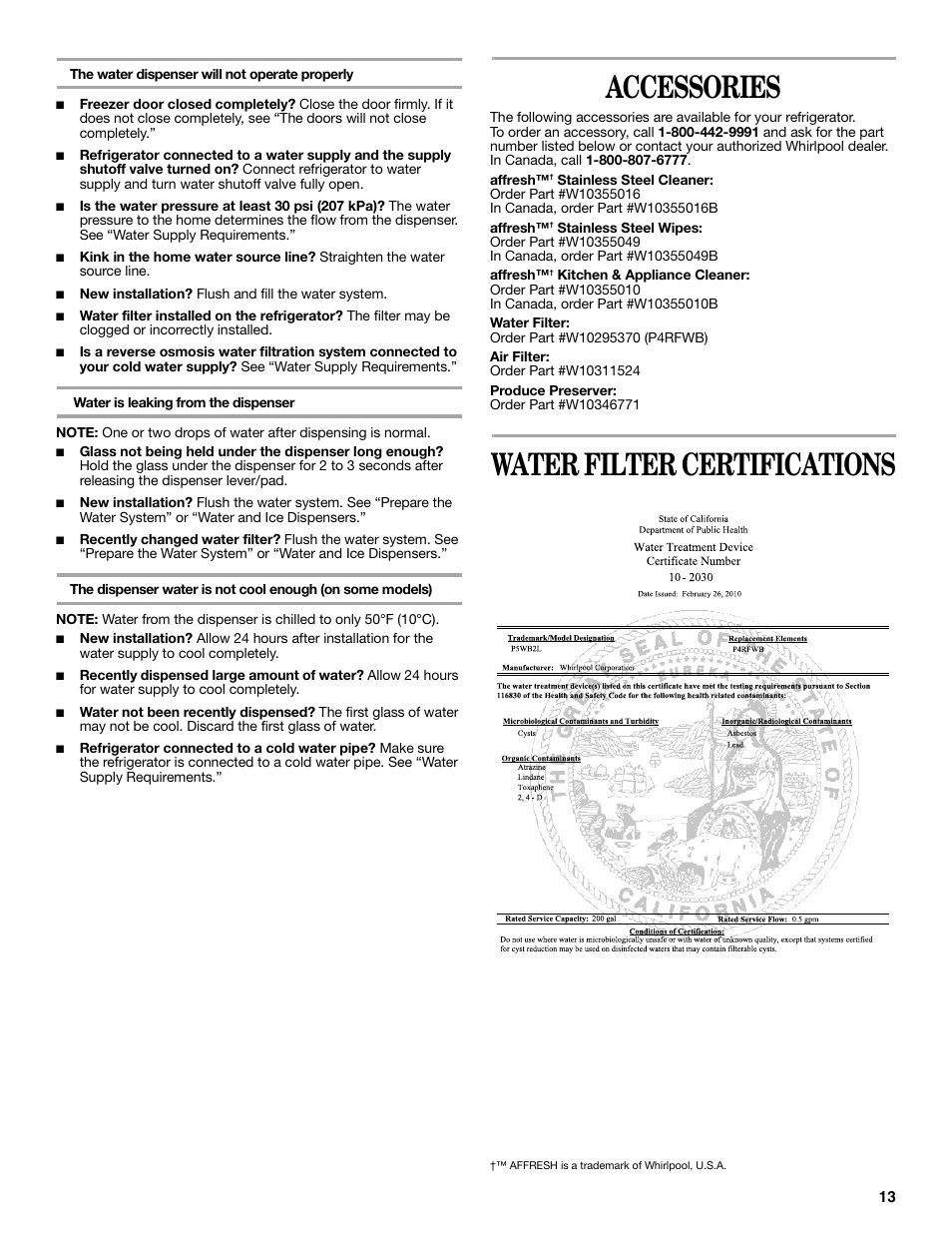 Accessories, Water filter certifications | Whirlpool WRS965CIAM User Manual | Page 13 / 48