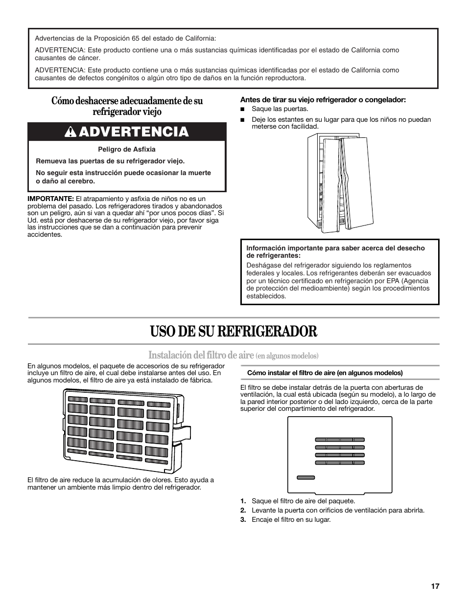 Uso de su refrigerador, Advertencia, Instalación del filtro de aire | Whirlpool WRS965CIAM User Manual | Page 17 / 48