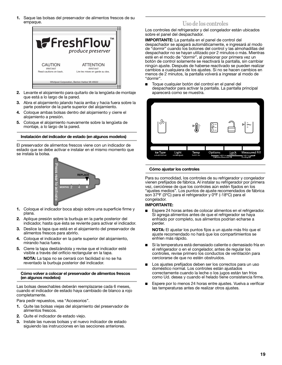 Uso de los controles | Whirlpool WRS965CIAM User Manual | Page 19 / 48