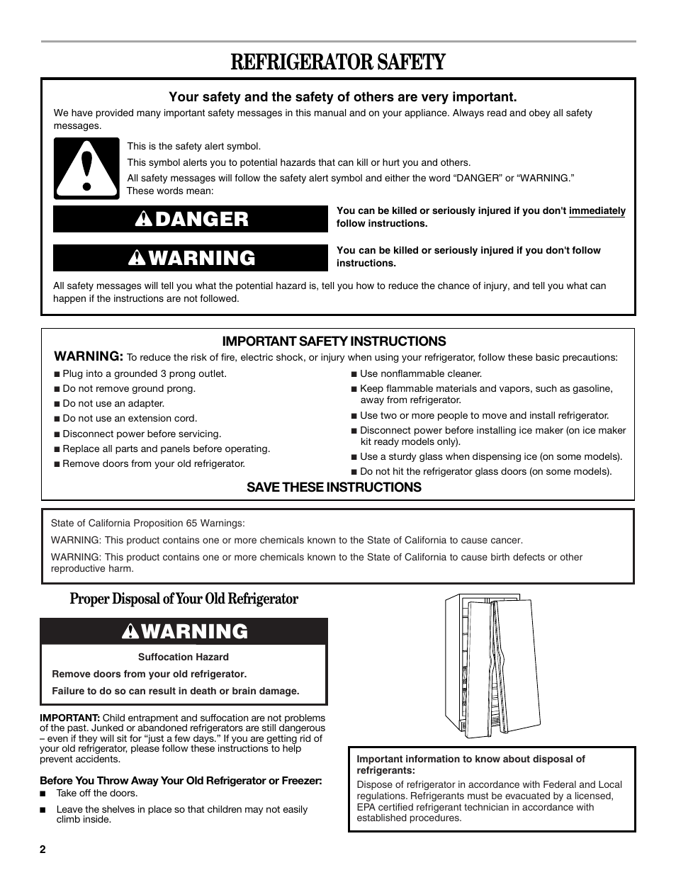 Refrigerator safety, Danger warning, Warning | Proper disposal of your old refrigerator, Important safety instructions warning, Save these instructions | Whirlpool WRS965CIAM User Manual | Page 2 / 48