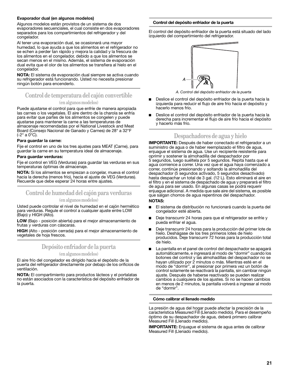 Control de temperatura del cajón convertible, Control de humedad del cajón para verduras, Depósito enfriador de la puerta | Despachadores de agua y hielo | Whirlpool WRS965CIAM User Manual | Page 21 / 48