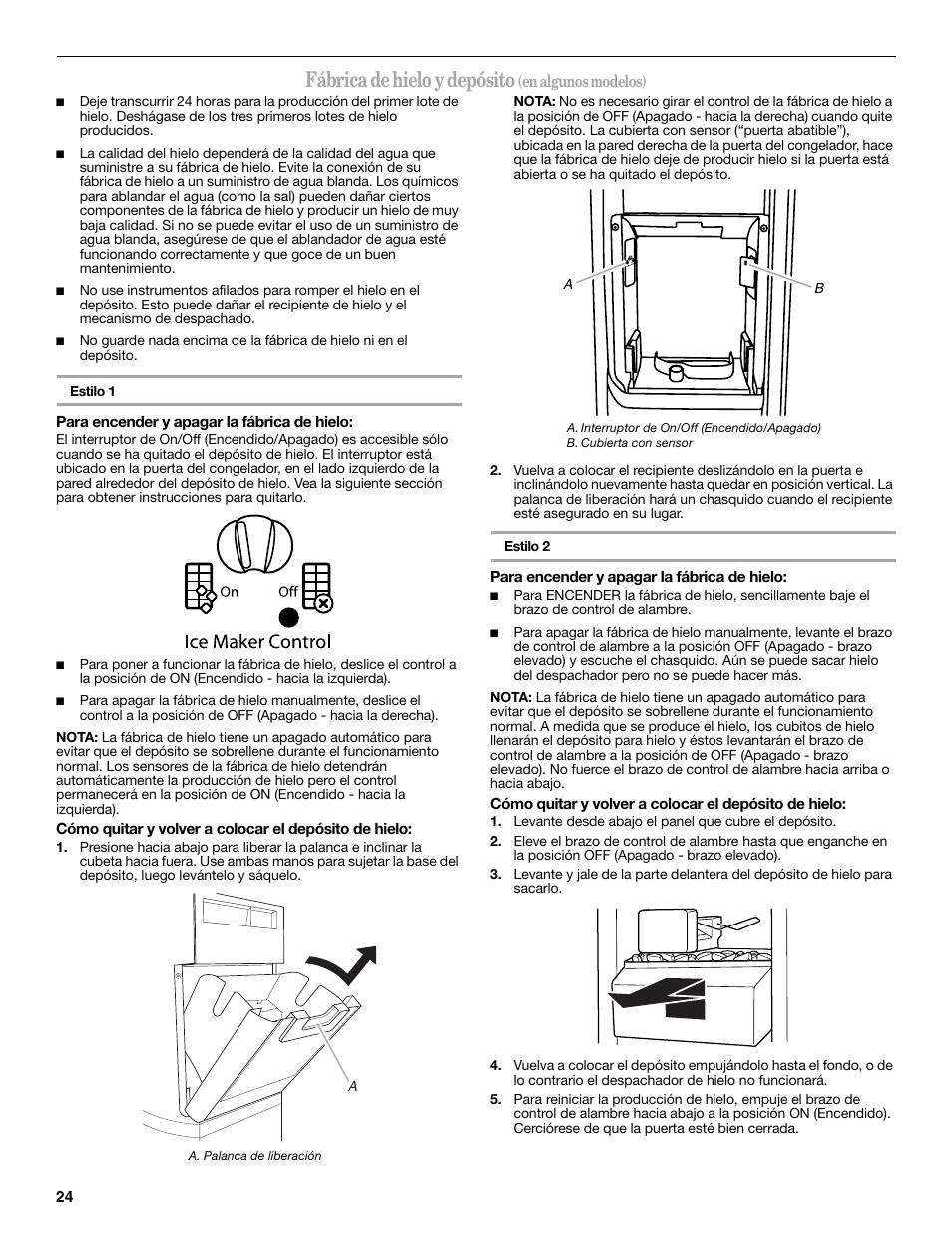 Fábrica de hielo y depósito, En algunos modelos) | Whirlpool WRS965CIAM User Manual | Page 24 / 48