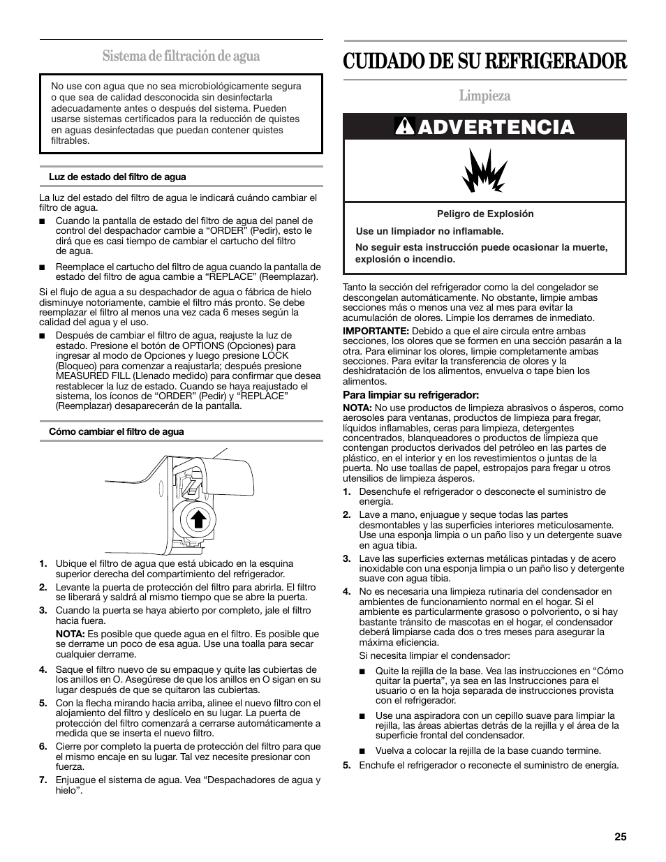 Cuidado de su refrigerador, Advertencia, Sistema de filtración de agua | Limpieza | Whirlpool WRS965CIAM User Manual | Page 25 / 48