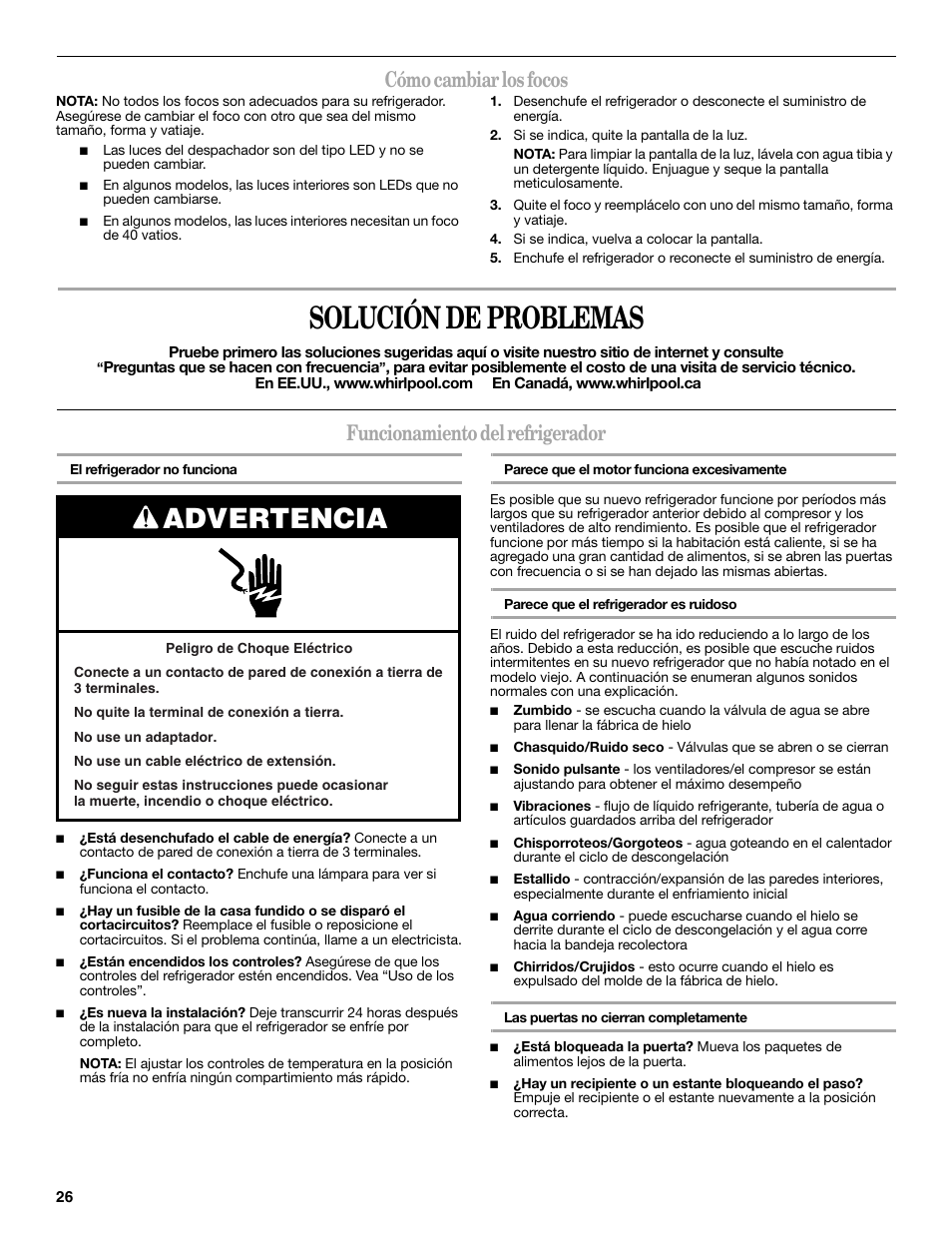 Solución de problemas, Advertencia, Cómo cambiar los focos | Funcionamiento del refrigerador | Whirlpool WRS965CIAM User Manual | Page 26 / 48