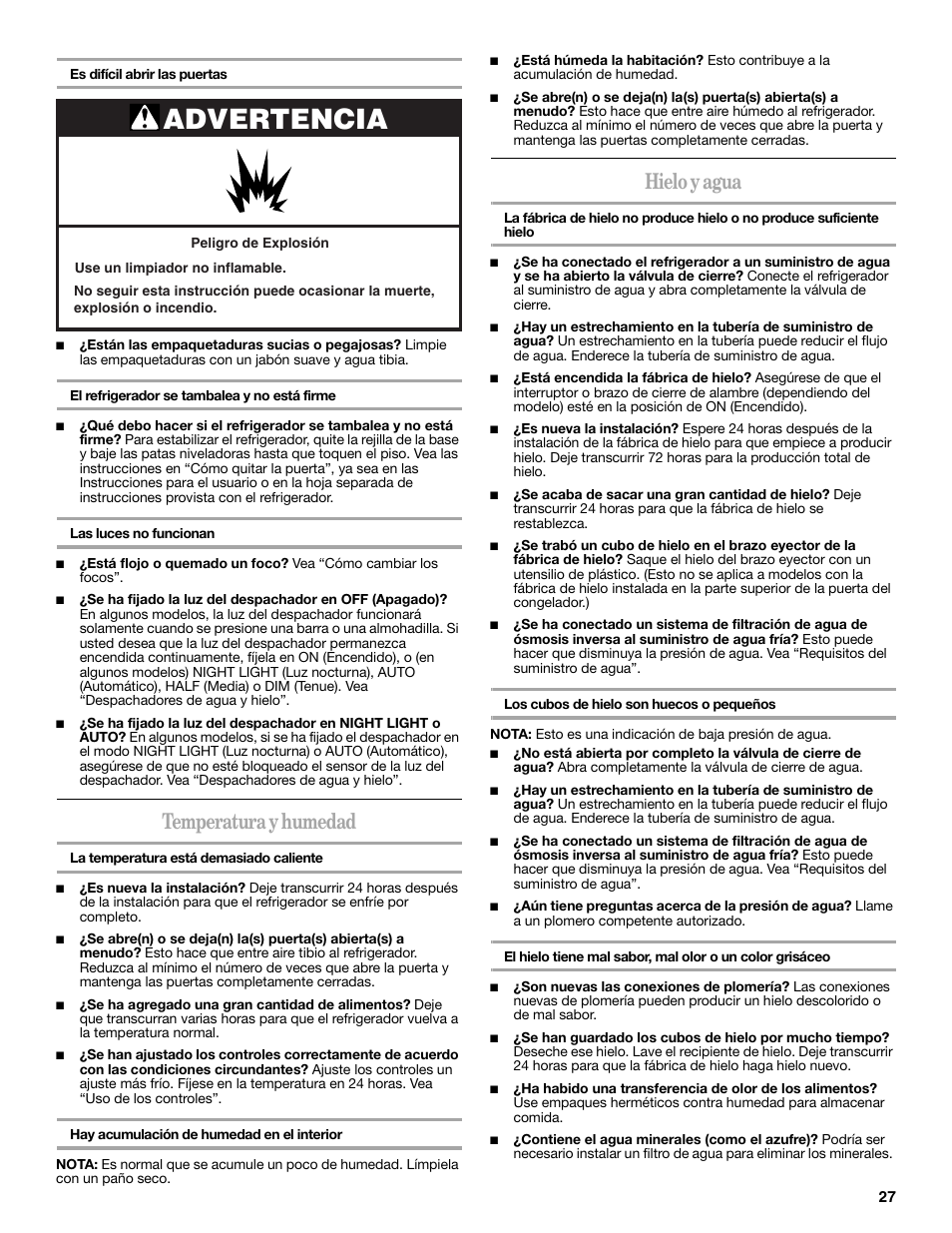 Advertencia, Temperatura y humedad, Hielo y agua | Whirlpool WRS965CIAM User Manual | Page 27 / 48