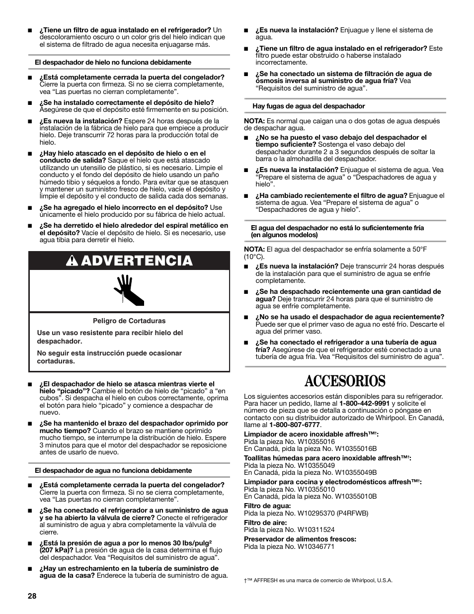 Accesorios, Advertencia | Whirlpool WRS965CIAM User Manual | Page 28 / 48