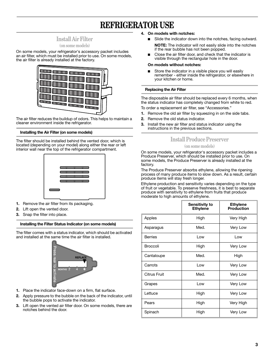 Refrigerator use, Install air filter, Install produce preserver | Whirlpool WRS965CIAM User Manual | Page 3 / 48