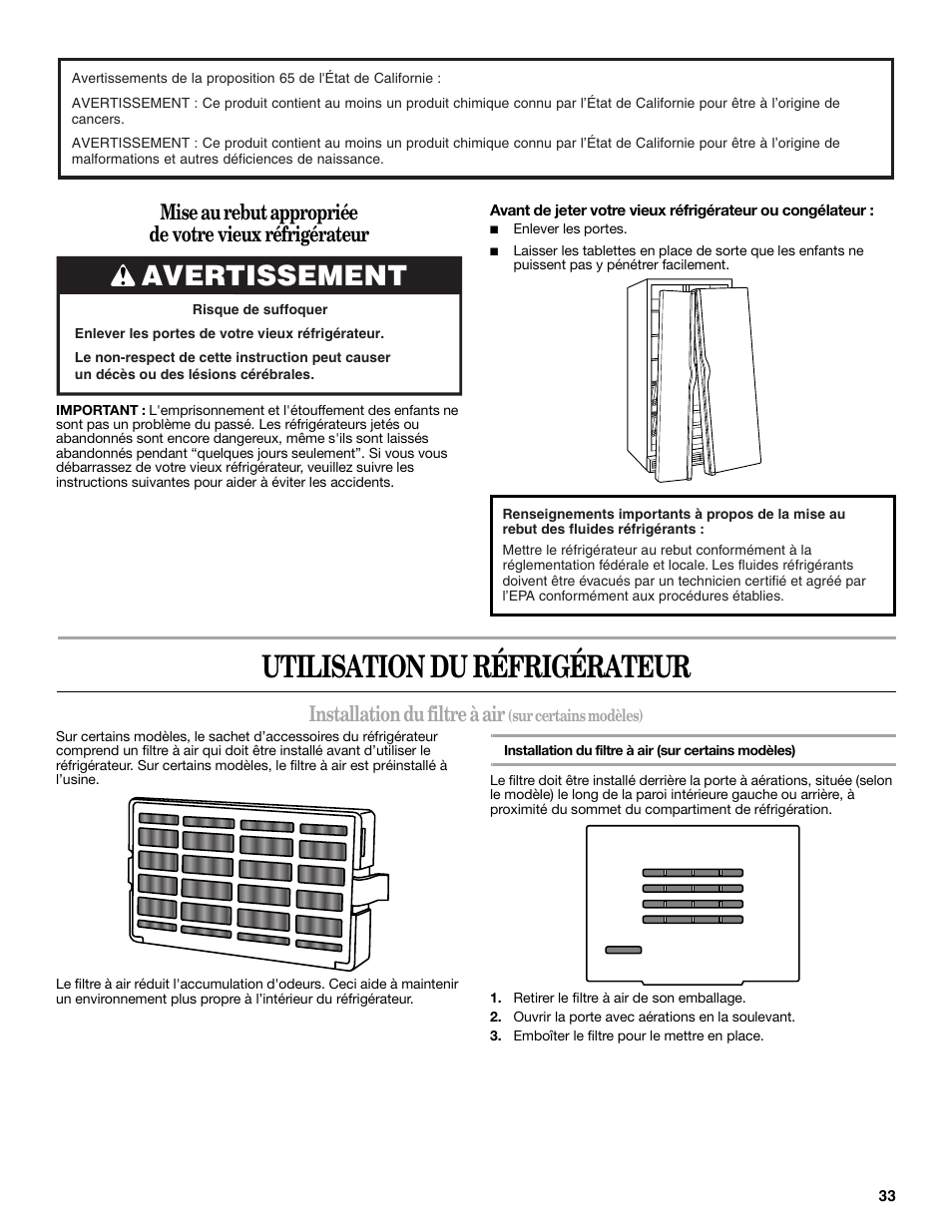 Utilisation du réfrigérateur, Avertissement, Installation du filtre à air | Whirlpool WRS965CIAM User Manual | Page 33 / 48